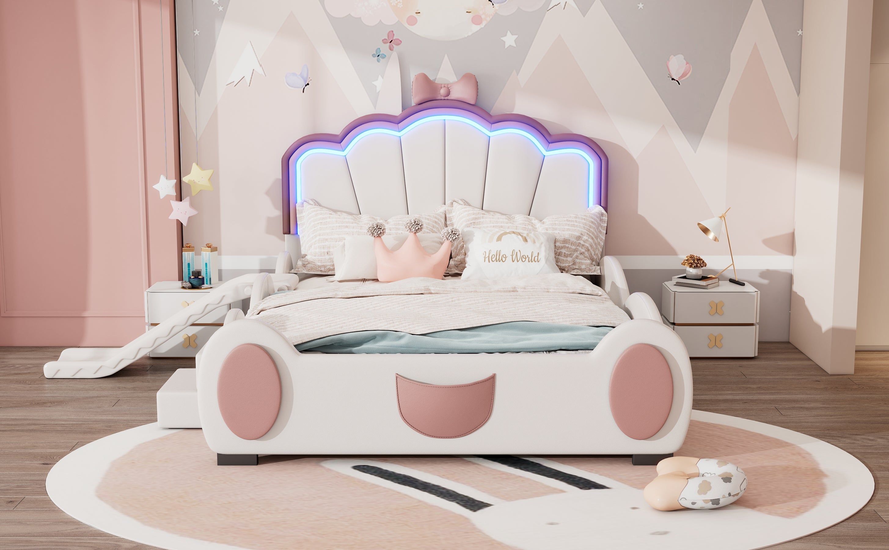 Logidon 90x200 cm Butterfly Bed With LED Color Changing Pink White