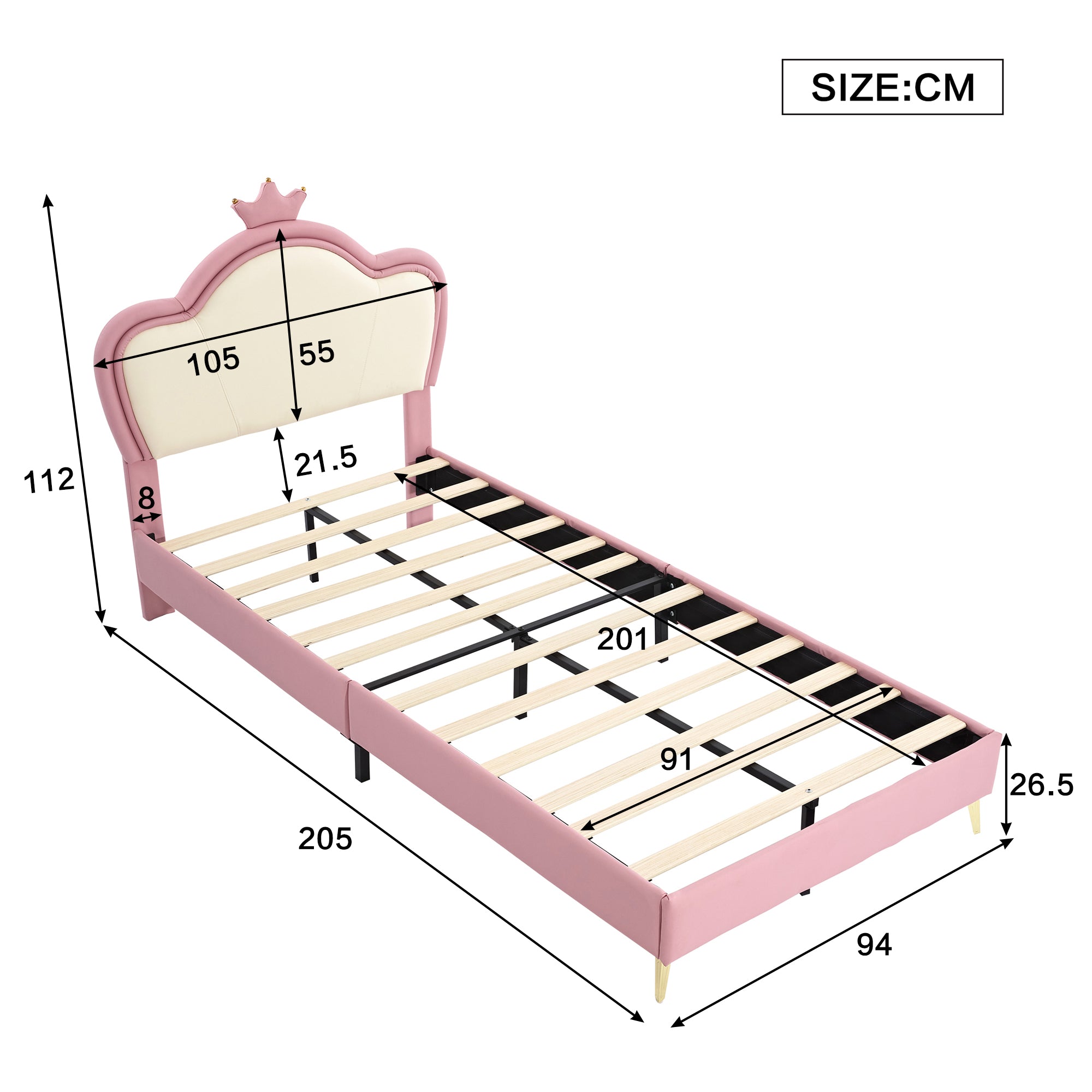 Logidon gestoffeerd bed kinderbed 90x200cm roze wit met kroonhoofdbord