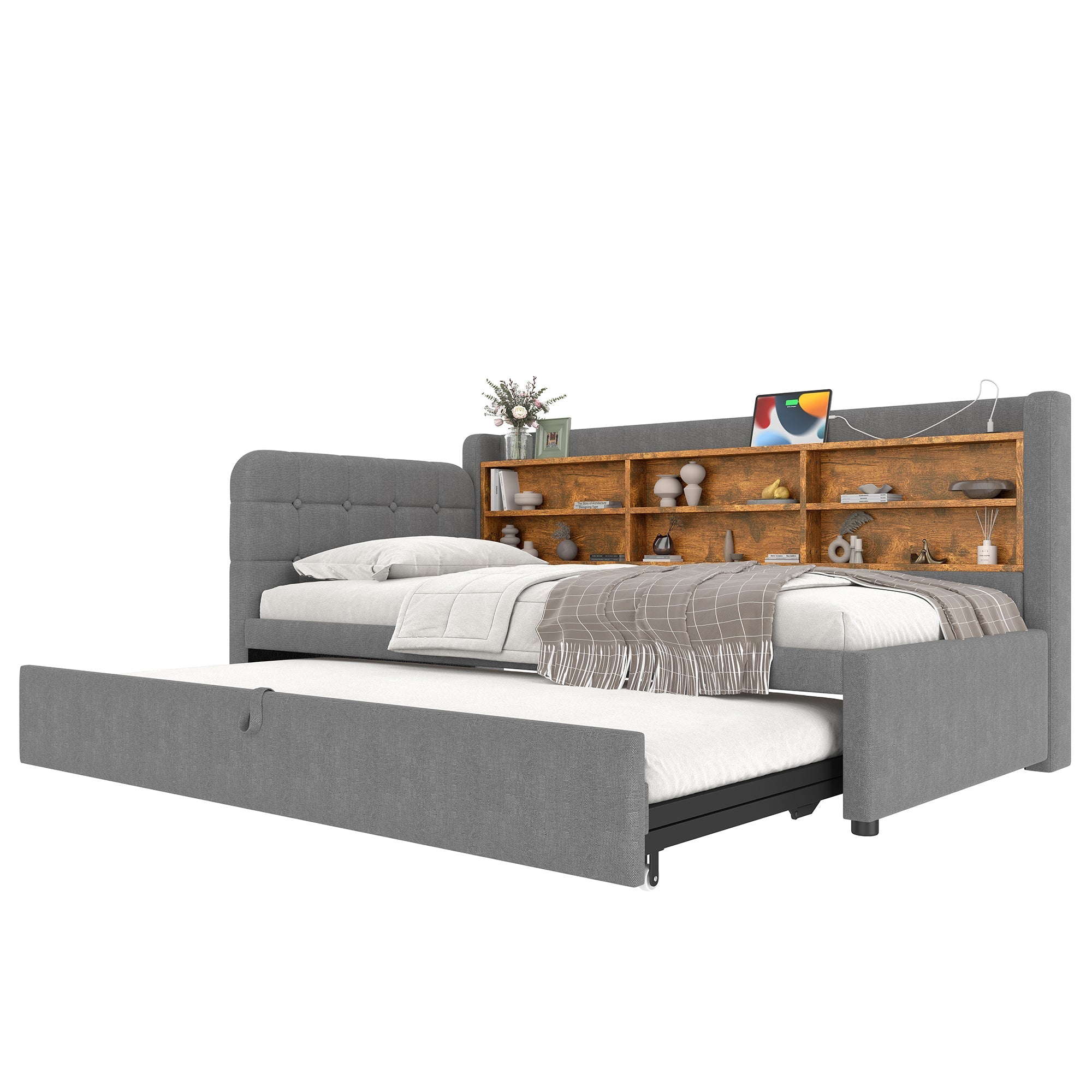 Logidon Daybed 90x200cm grijs linnen uitschuifbare slaapbank USB Type C
