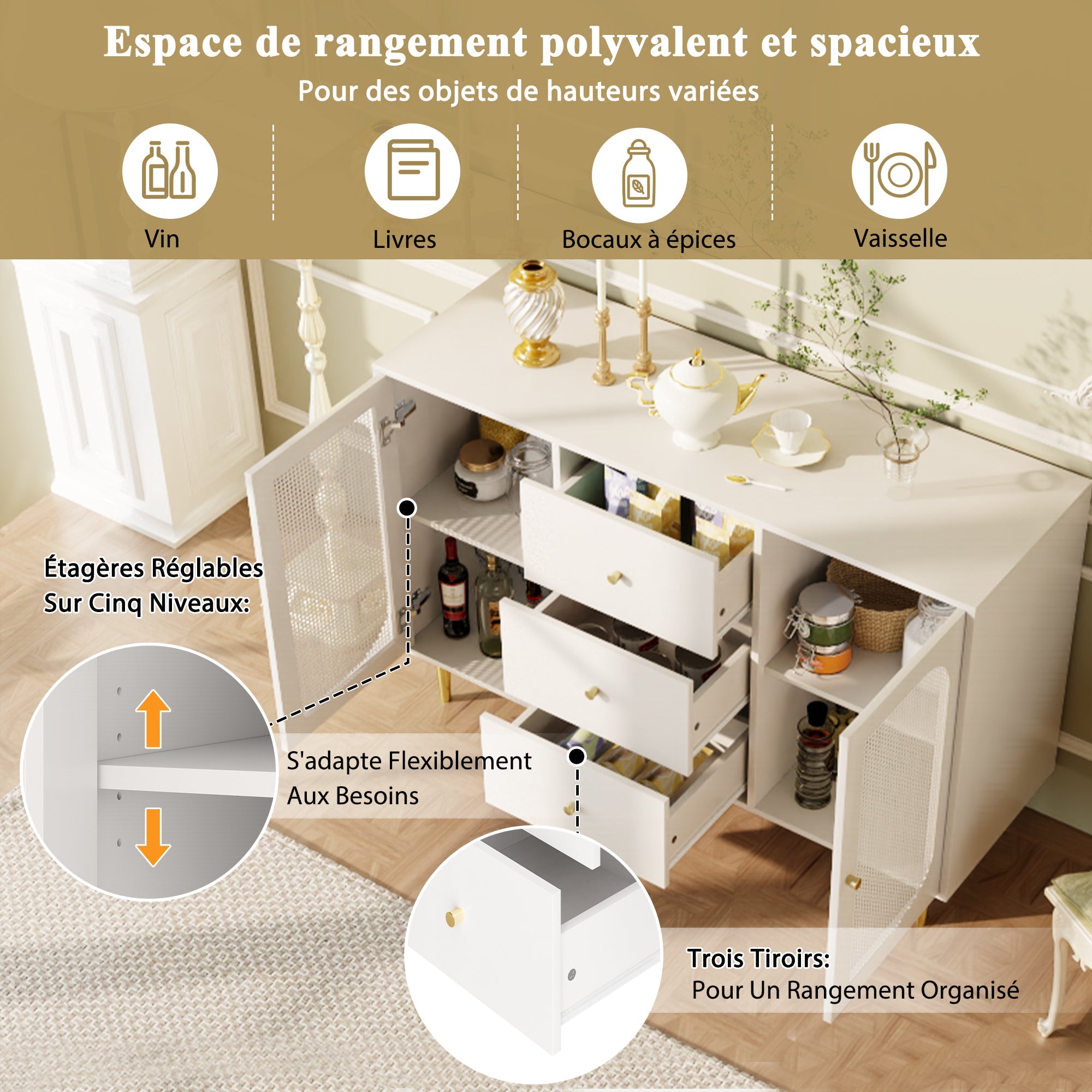 Logidon dressoir met rotan deuren wit 120 x 40 x 90 cm
