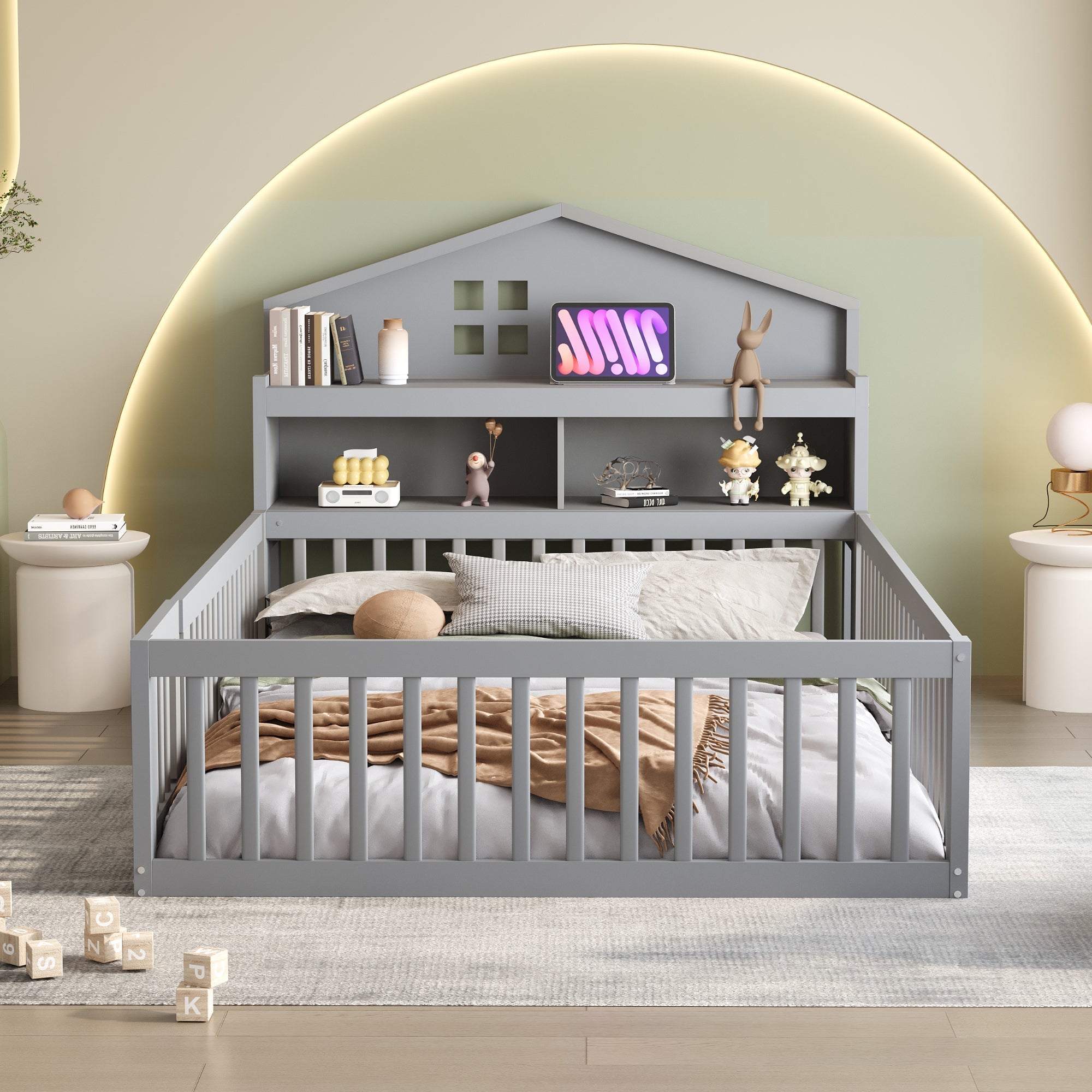Logidon kinderbed 140x200 huisvorm massief hout grijs met opbergruimte