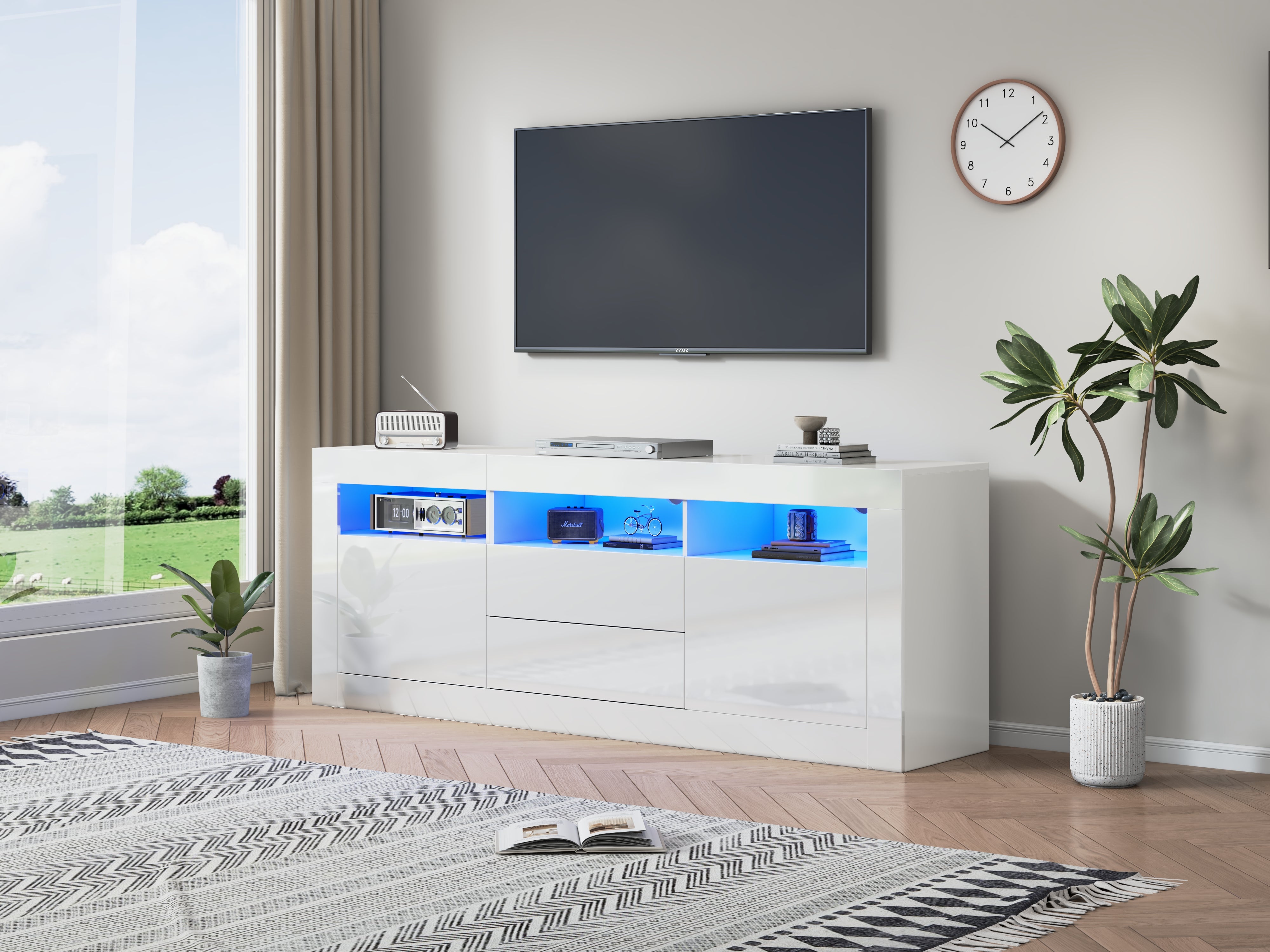 Logidon white high-gloss TV cabinet 160x35x60 cm with LED lighting