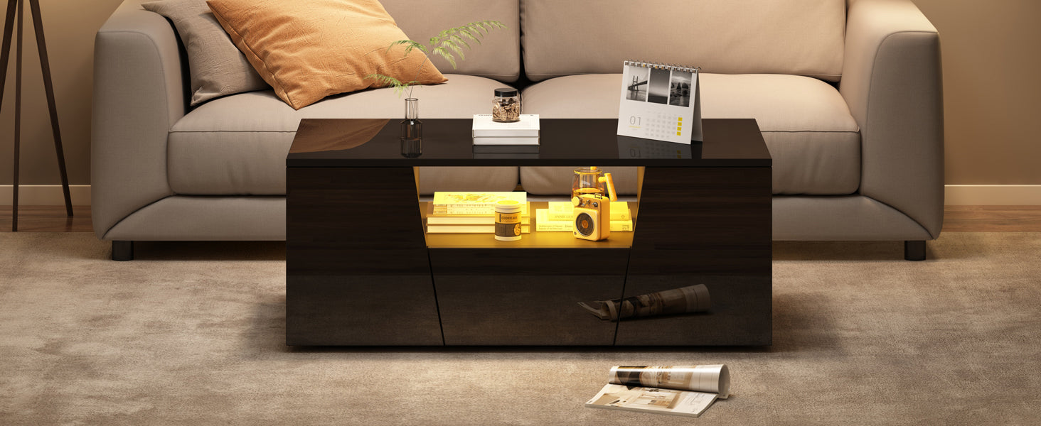 Logidon coffee table 100x50x40 cm black with LED 2 cabinets 1 drawer