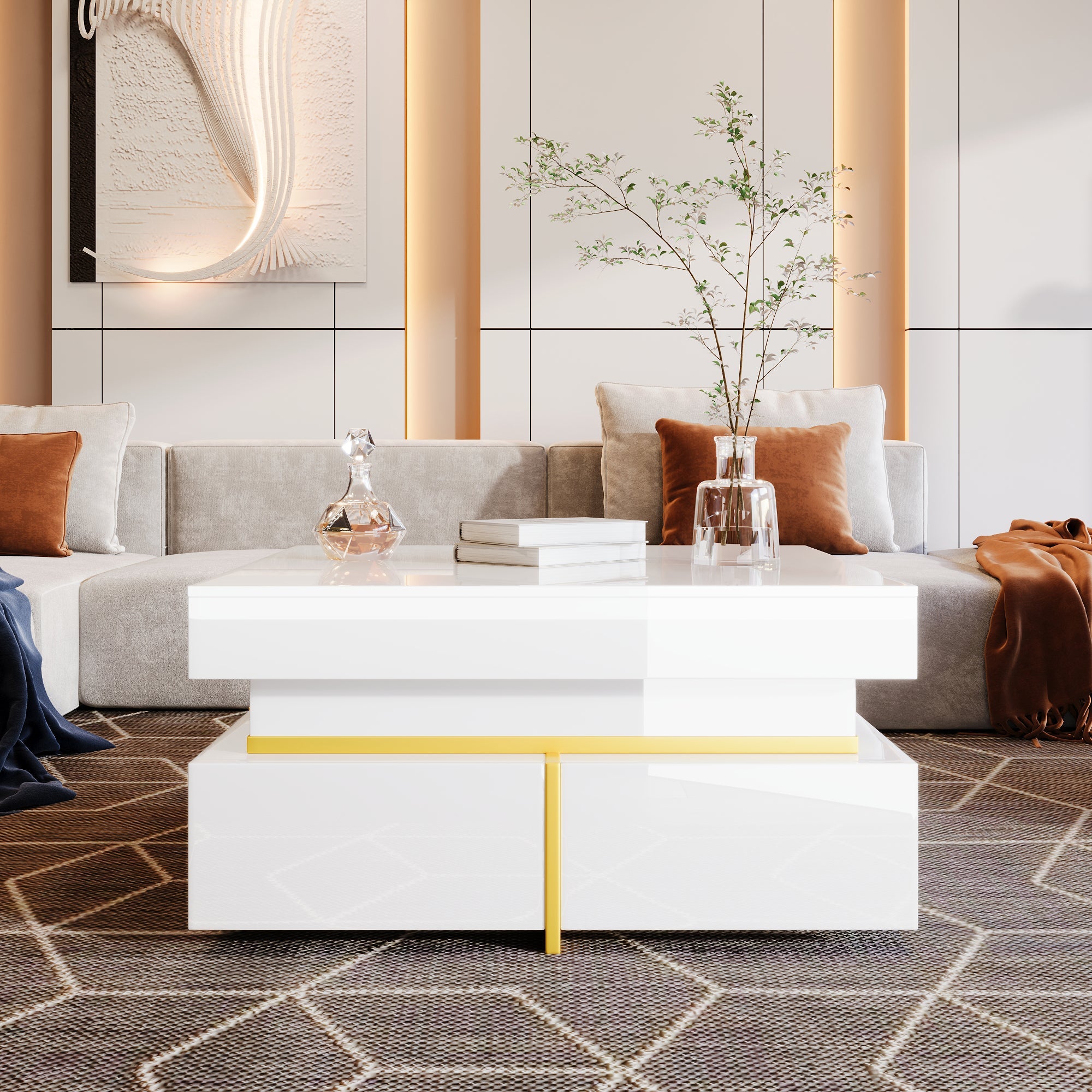 Logidon high gloss coffee table with drawers and gold accents