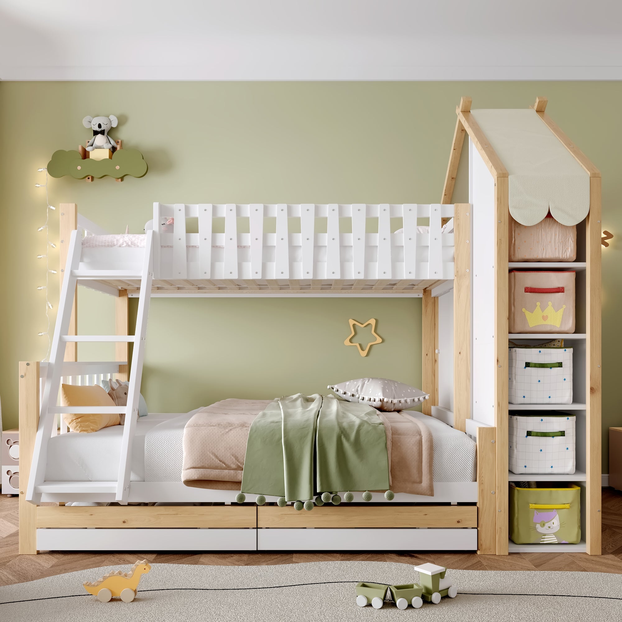 Logidon stapelbed 90x200 en 140x200 wit naturel met 2 lades