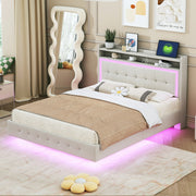 Logidon gestoffeerd bed 140x200 beige linnen met USB-aansluiting LED-verlichting