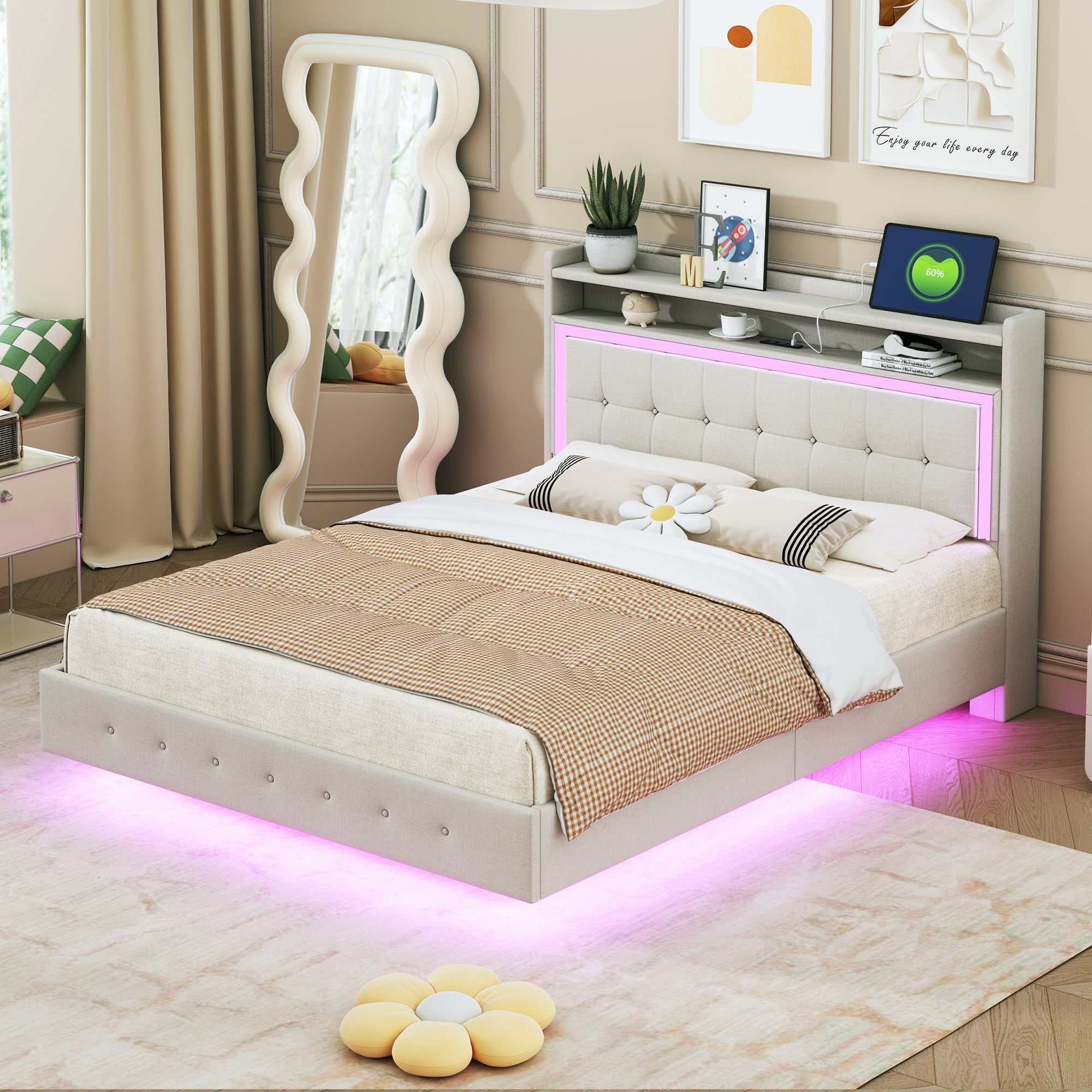 Logidon gestoffeerd bed 140x200 beige linnen met USB-aansluiting LED-verlichting