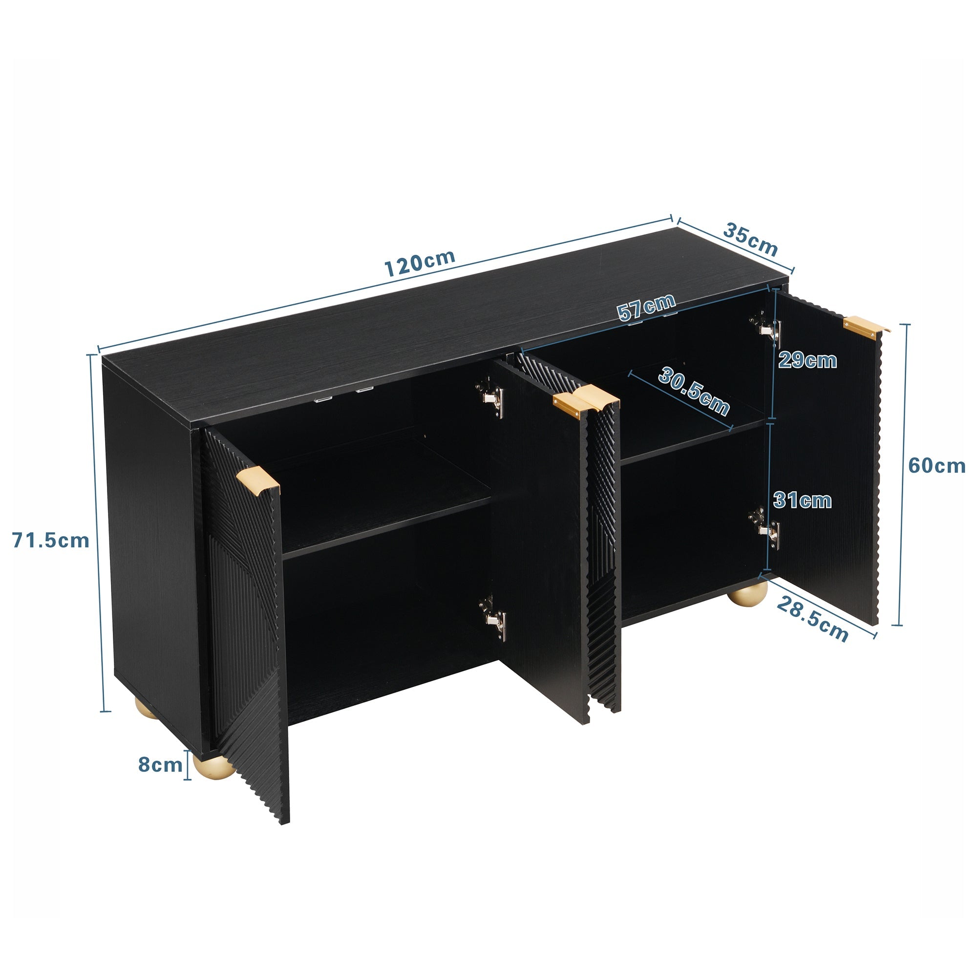 Logidon Dressoir 120 cm Zwart met Vier Deuren en Gouden Handgrepen