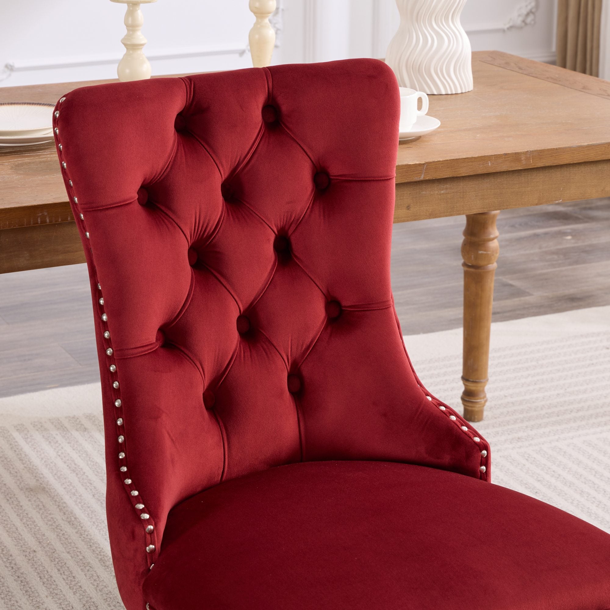 Logidon Velvet Dining Chair Set 2 Burgundy Nail Trim