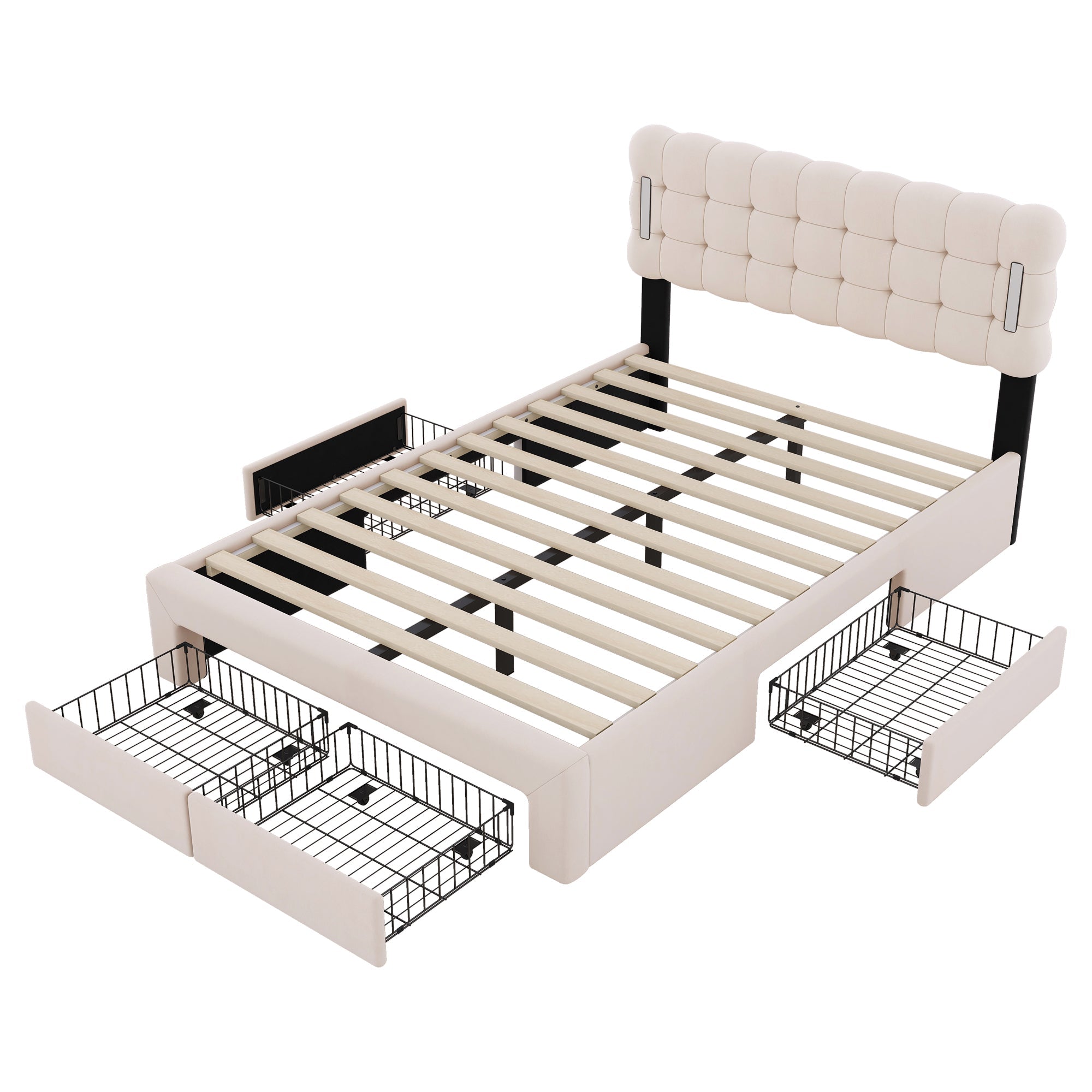Logidon Flat Bed 140x200 Beige Velvet With Lighting And 4 Drawers
