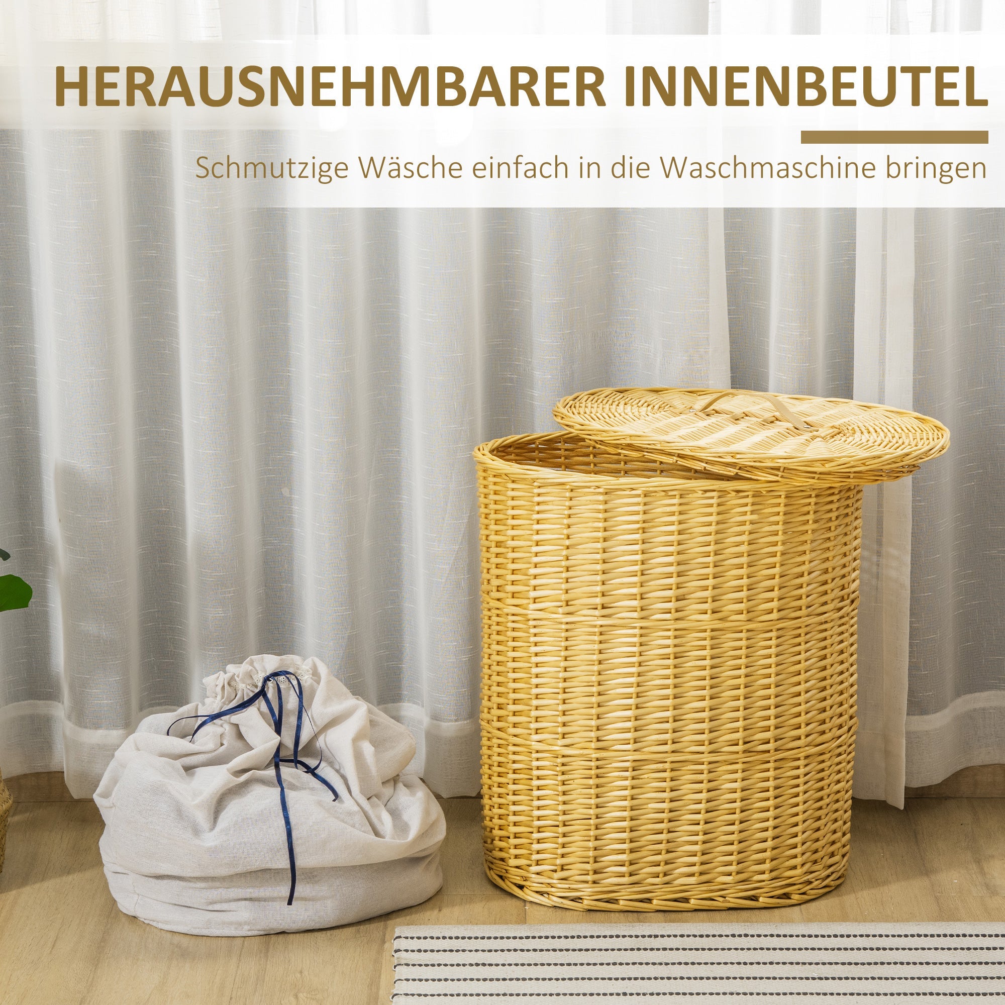 Logidon wasmand met deksel van riet 100 L naturel 51x38x57cm