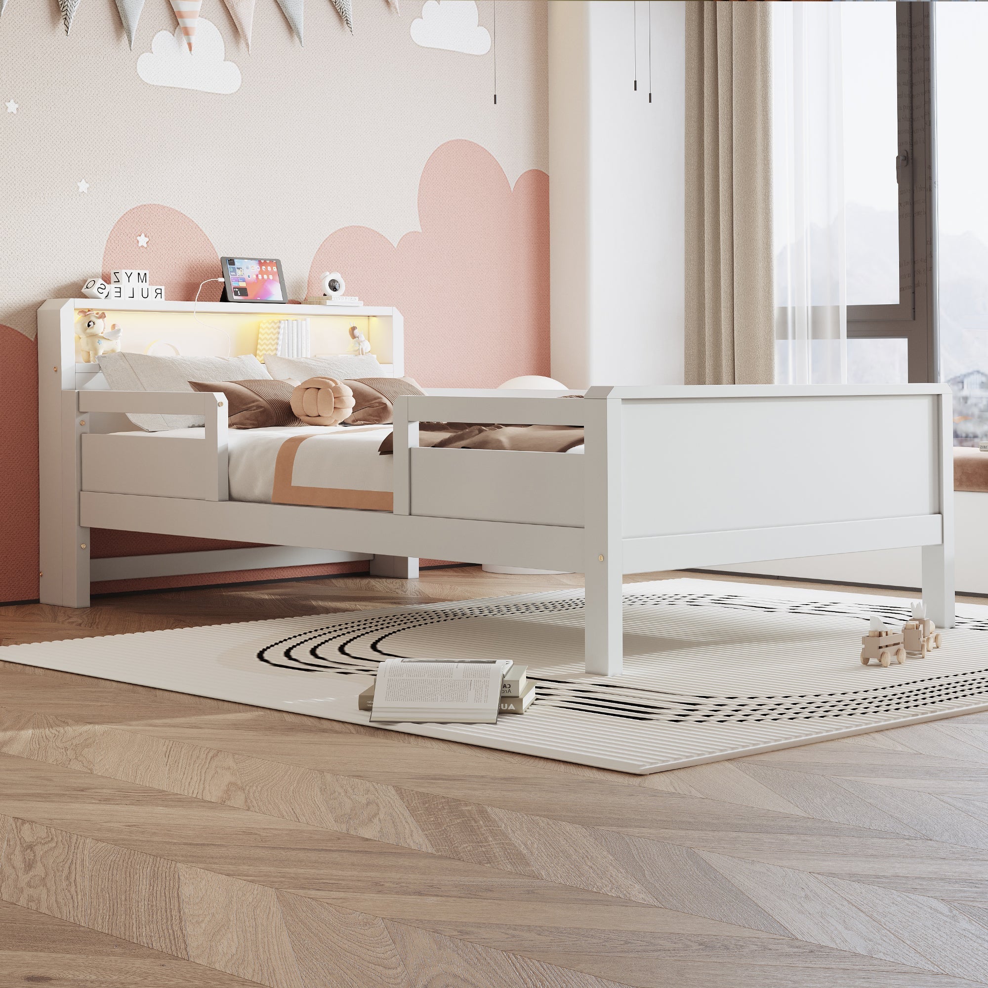 Logidon houten bed 90x200 cm USB C oplaadpunt LED hoofdbordplank wit
