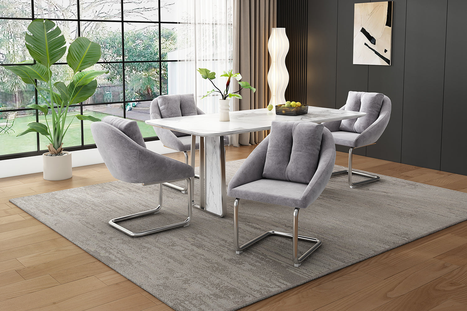 Logidon Grijze Fluwelen Stoelenset Ergonomische Eettafelstoelen Metalen Frame