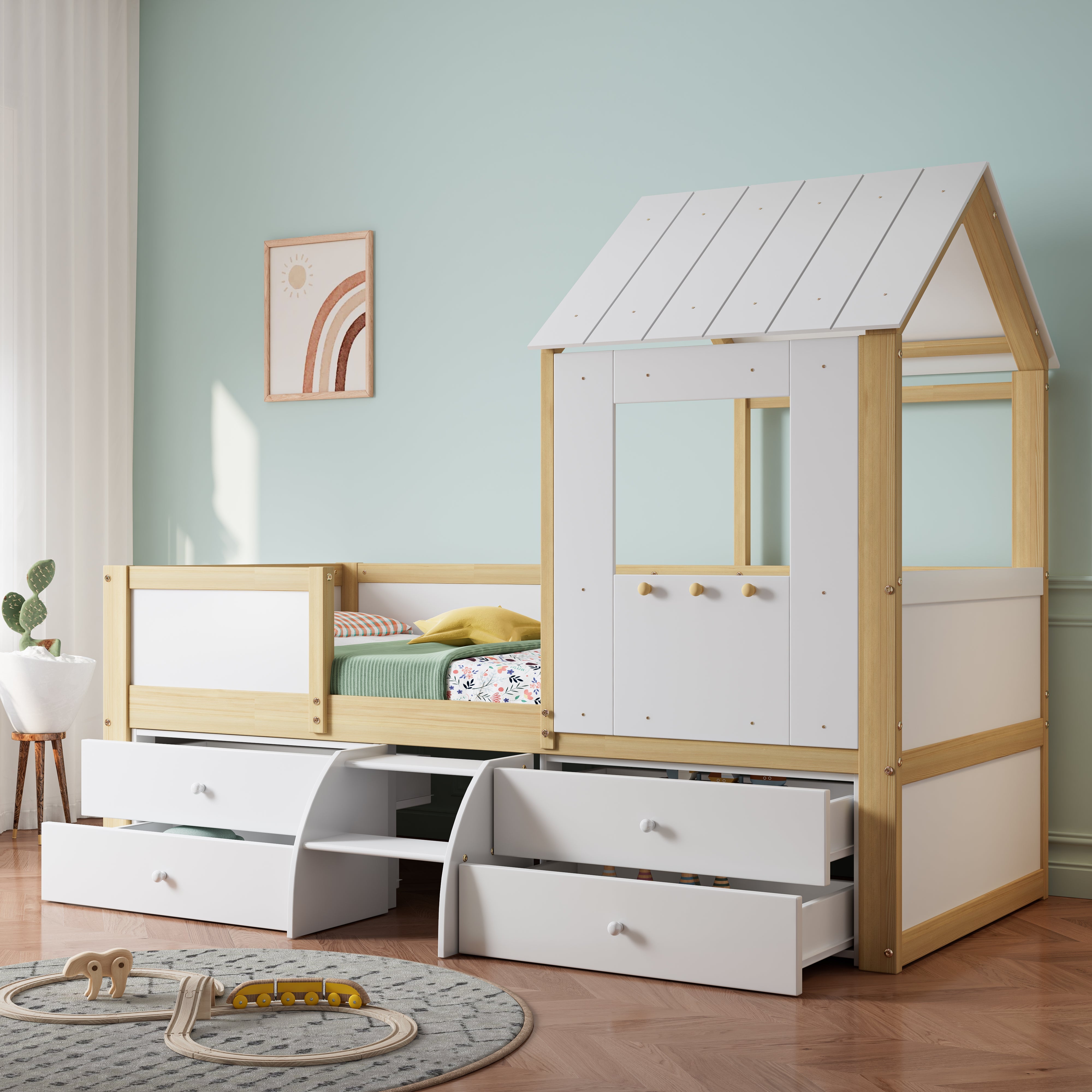 Logidon halfhoog huisbed 90x200 wit naturel met dak