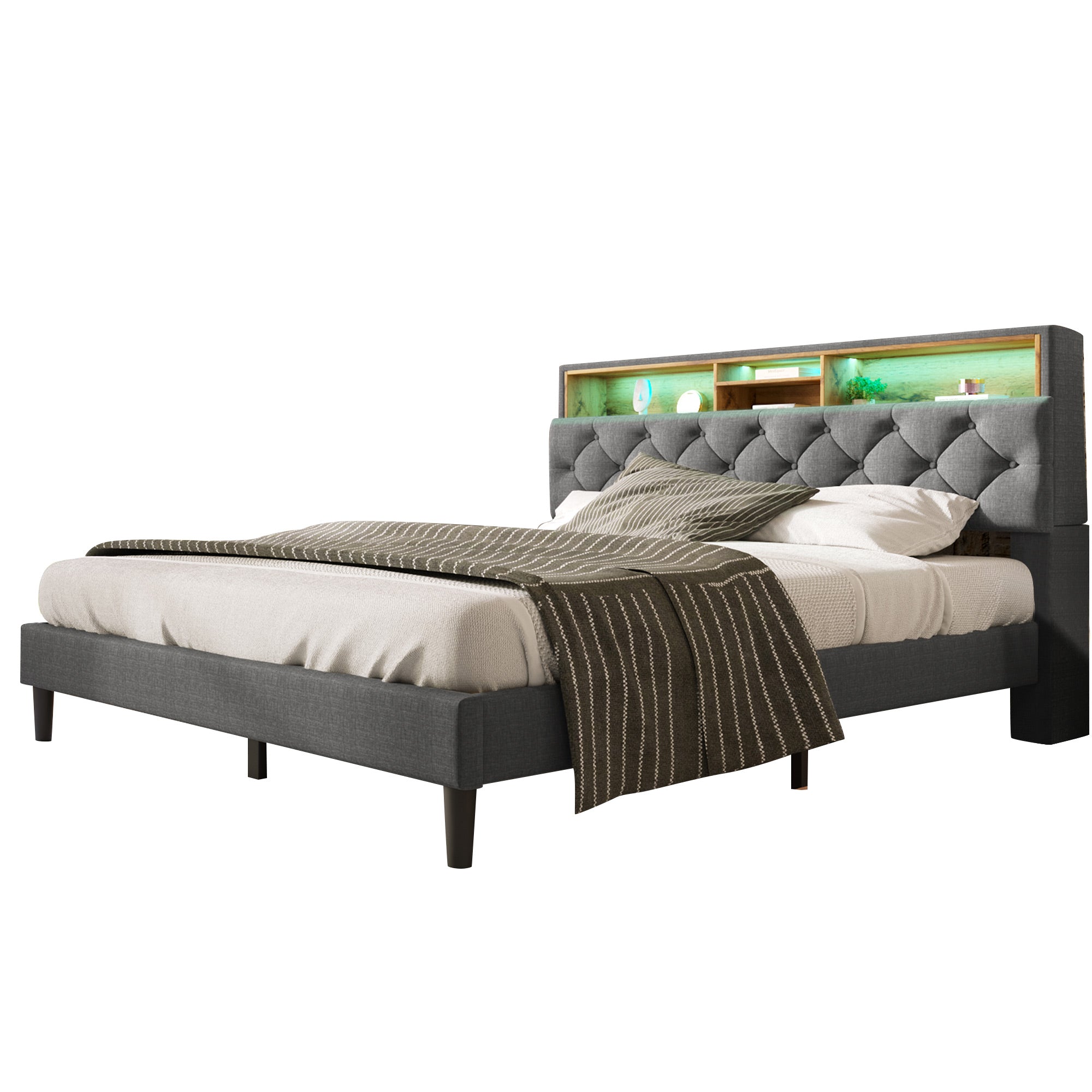 Logidon gestoffeerd tweepersoonsbed met opbergruimte hoofdbord LED grijs 140x200