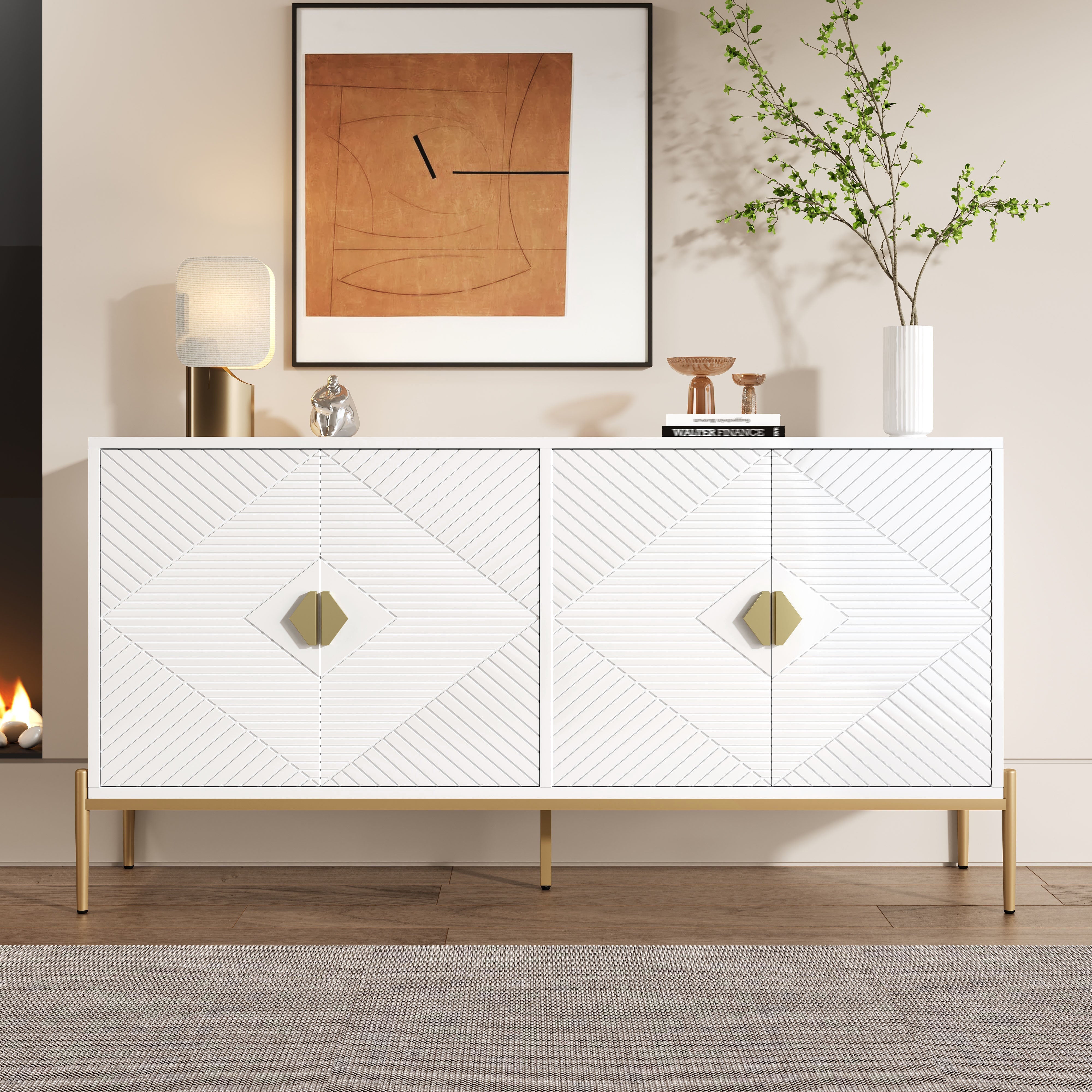Logidon Modern dressoir wit met gouden details, 4 deuren, 162x40x80
