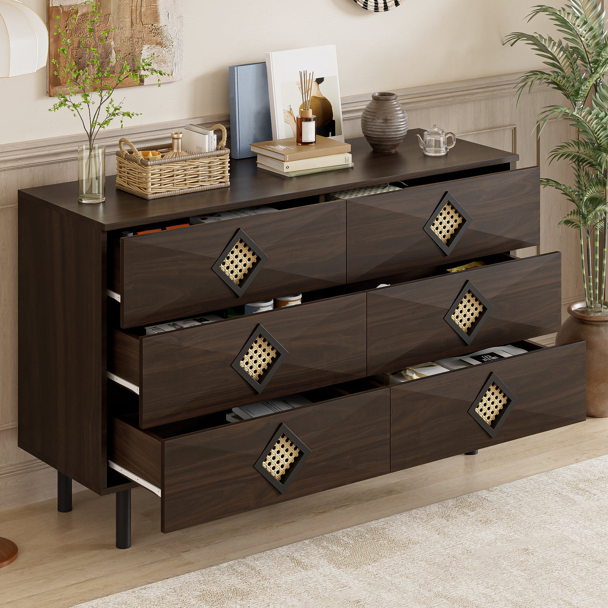 Logidon Elegante kaptafel met 6 laden, walnoot met rotan handvat