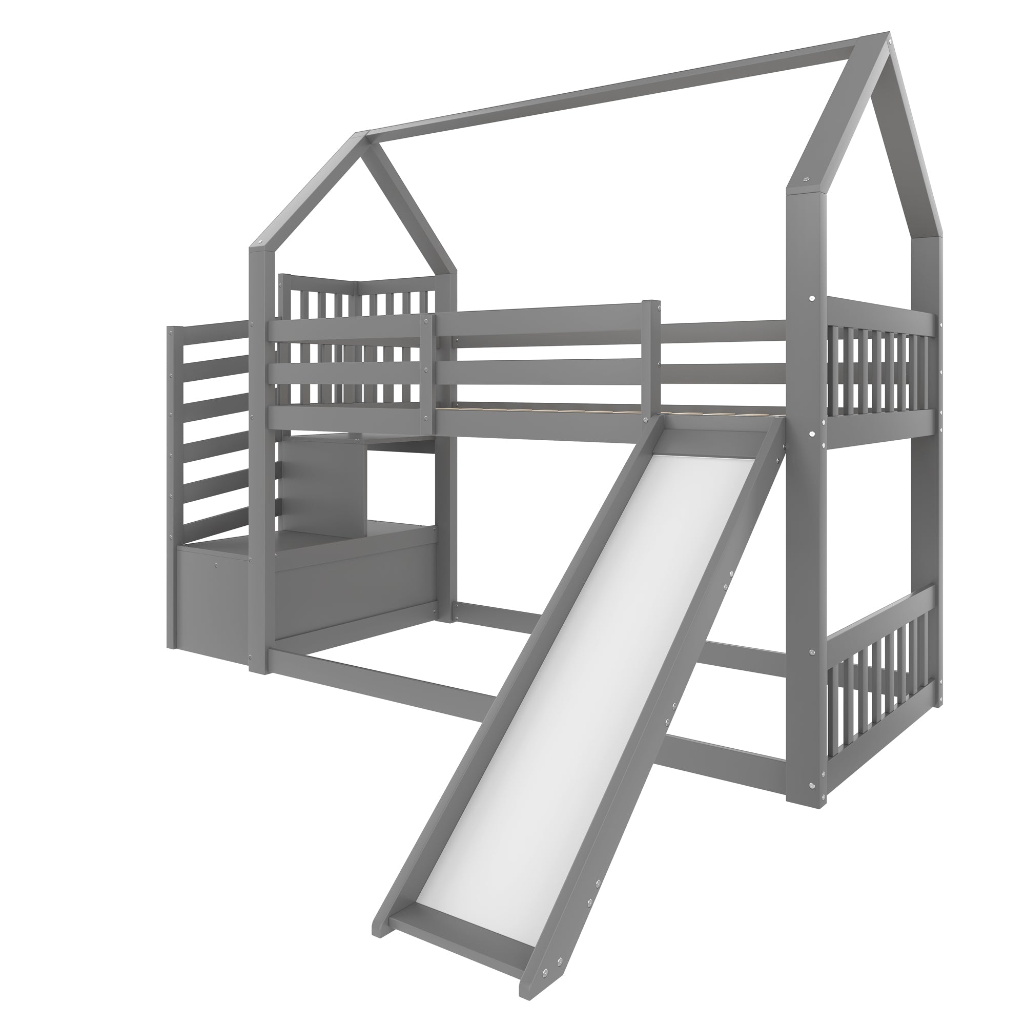 Logidon stapelbed grijs 90x200 met opbergtrap en glijbaan