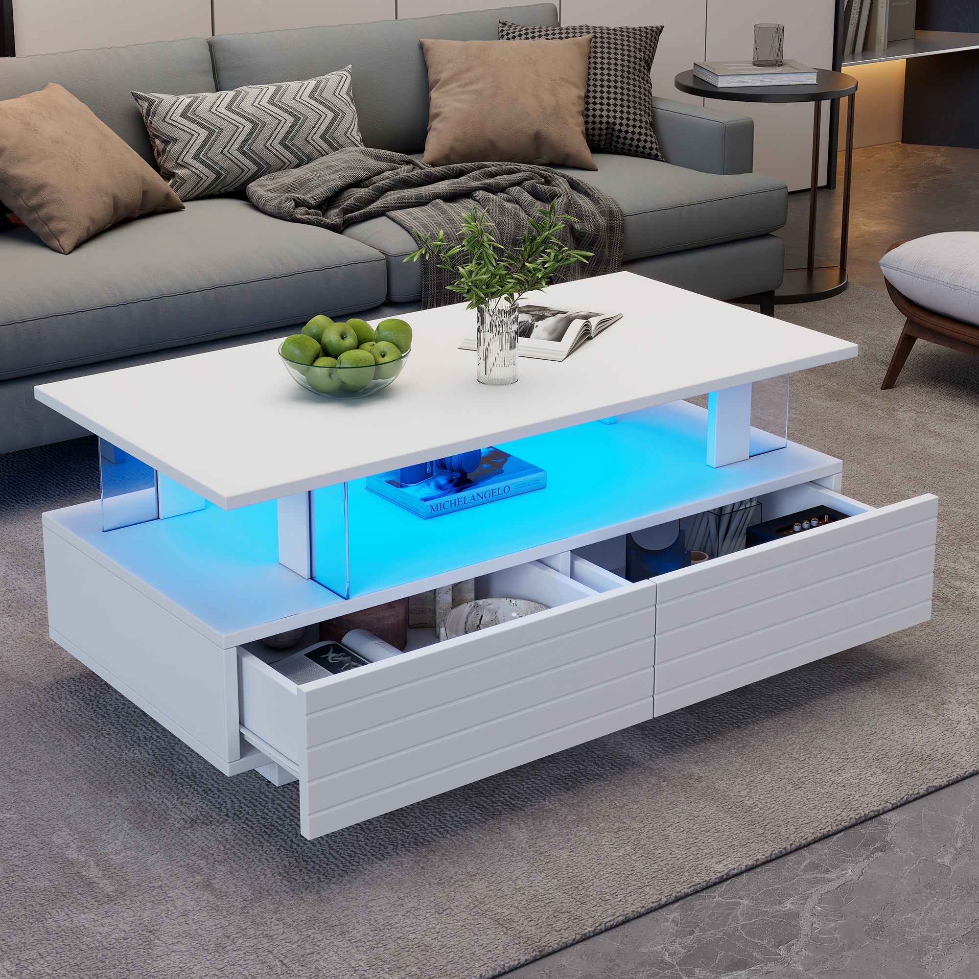 Logidon Witte LED Salontafel met Opbergruimte Bluetooth App Bediening 100x50x42 Cm