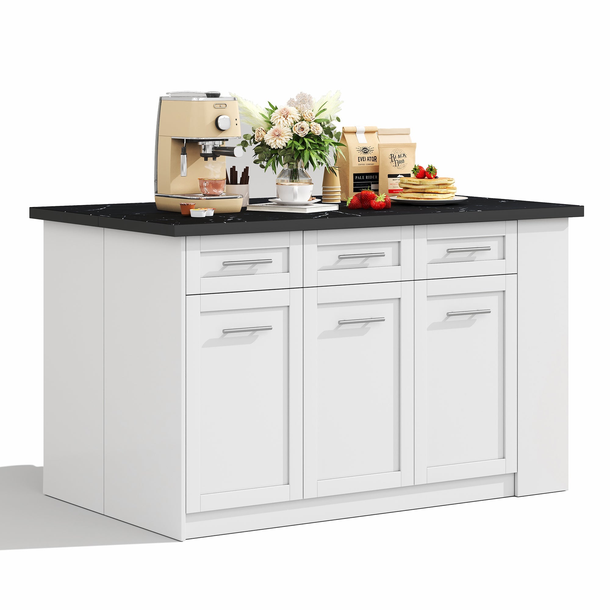 Logidon keukeneiland 150x96 cm wit met marmeren blad uitschuifbare eettafel
