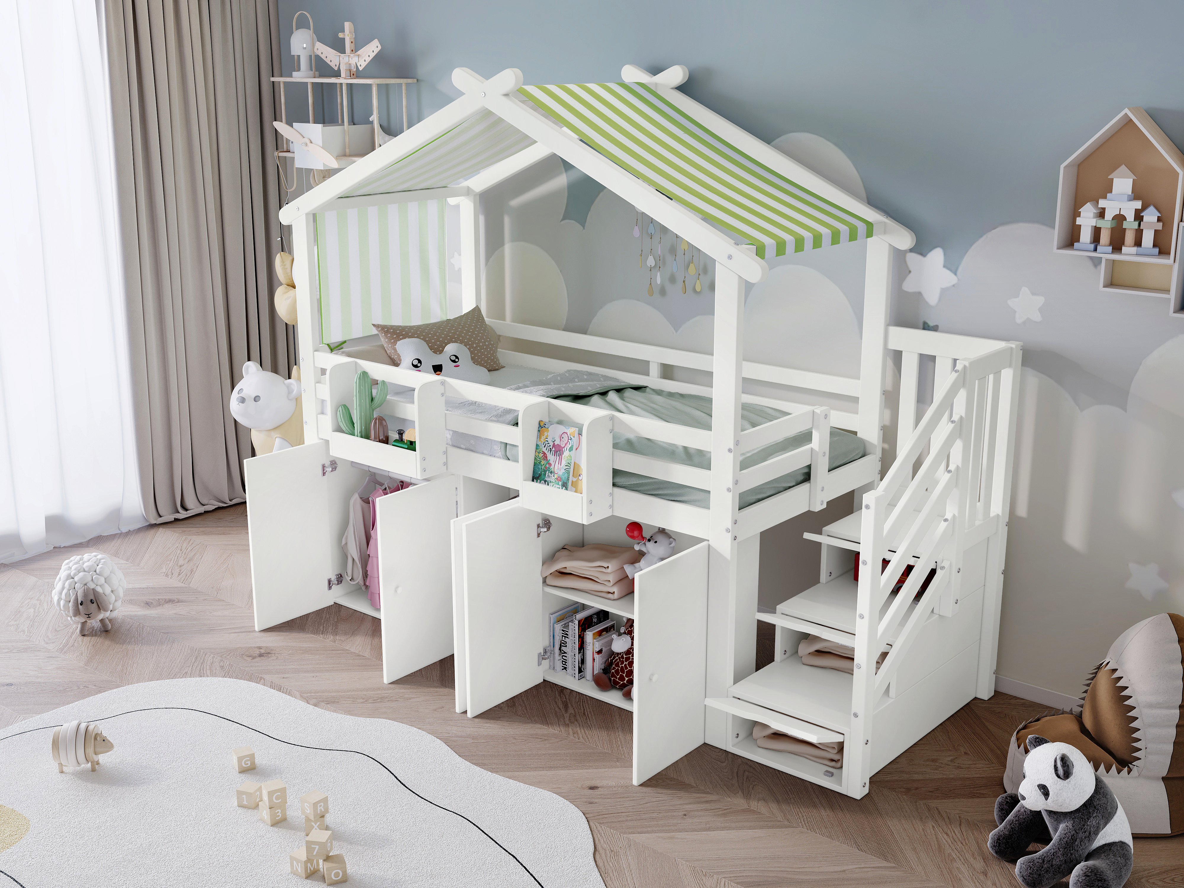 Logidon Kinderstapelbed 90x200 cm witgroen met kledingkast