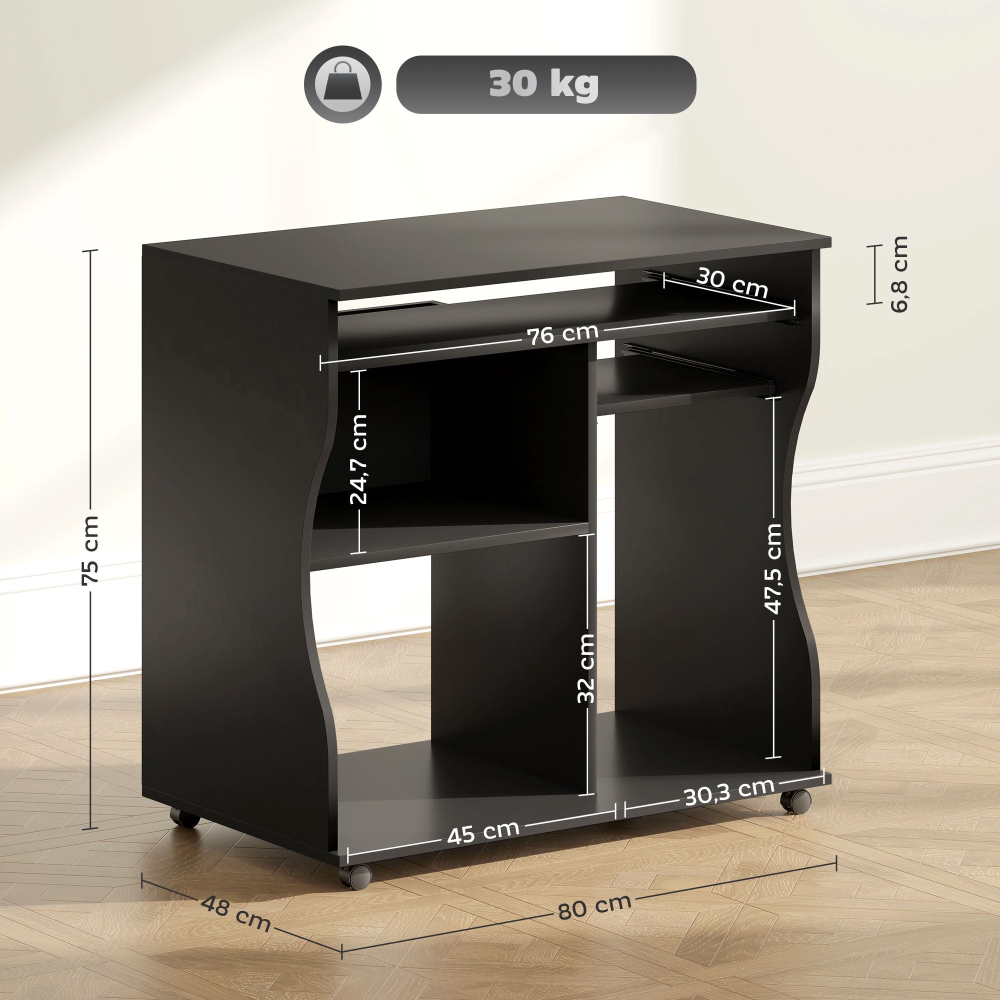 Logidon computer table black wheels keyboard shelf 80 x 48 x 75 cm