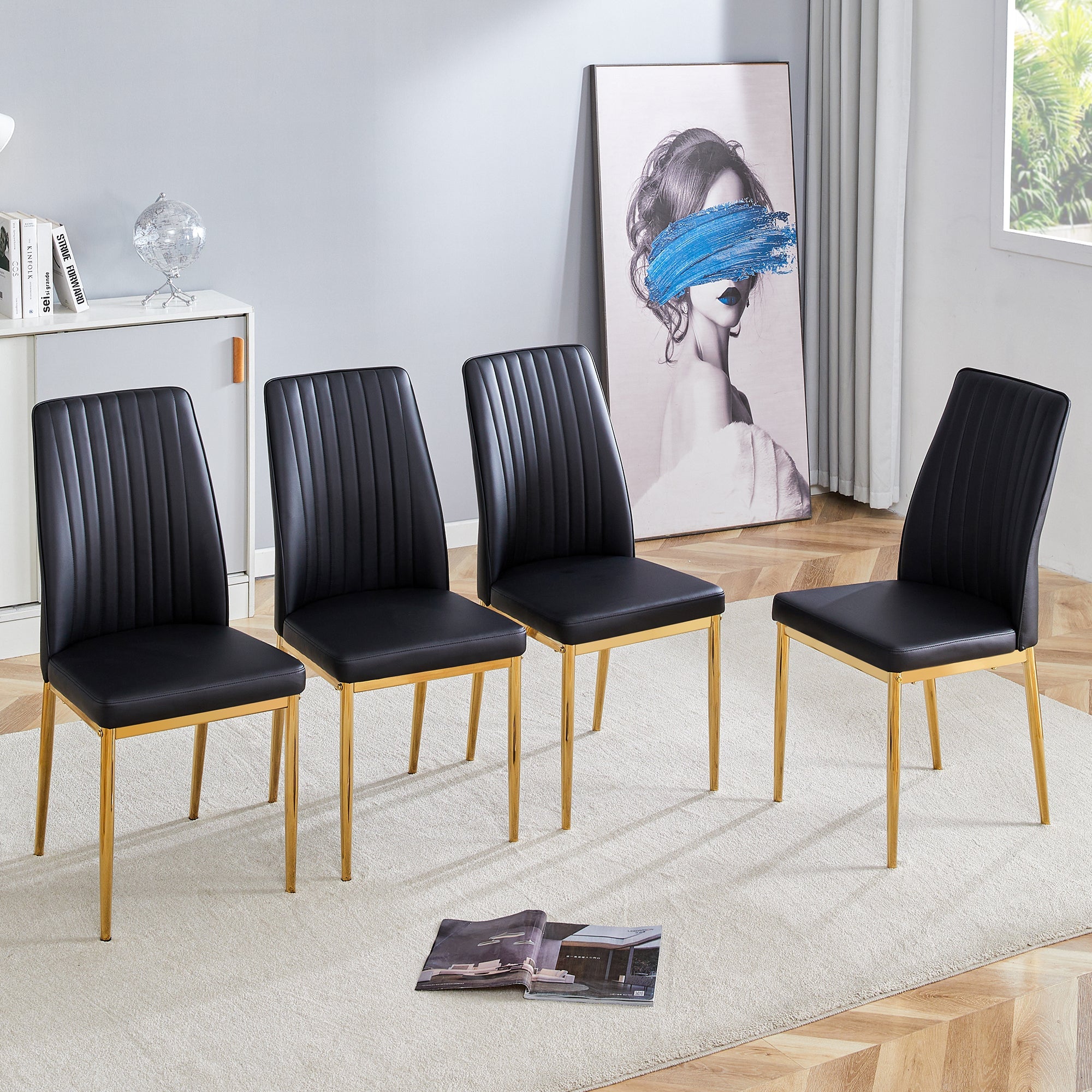 Logidon Fashion Eet Stoel Set van Vier Zwart Kunstleer Gouden Poten