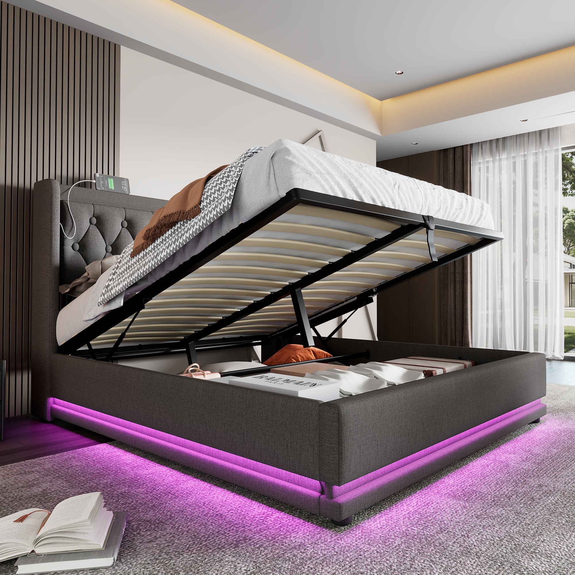 Logidon gestoffeerd bed 160x200 cm grijs fluweel opbergruimte USB-C oplaadfunctie