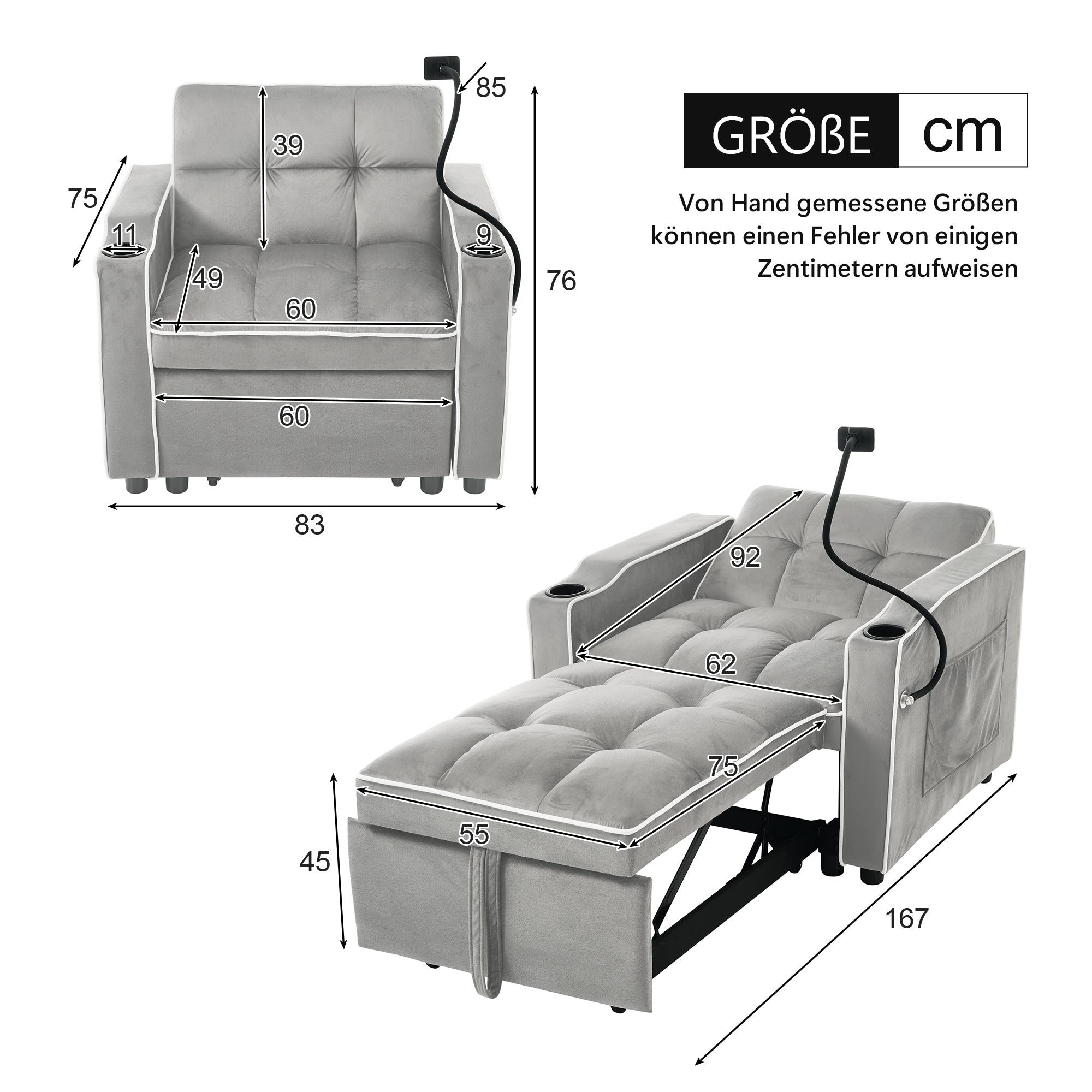 Logidon 3in1 slaapbank antiek grijs wit bekerhouder