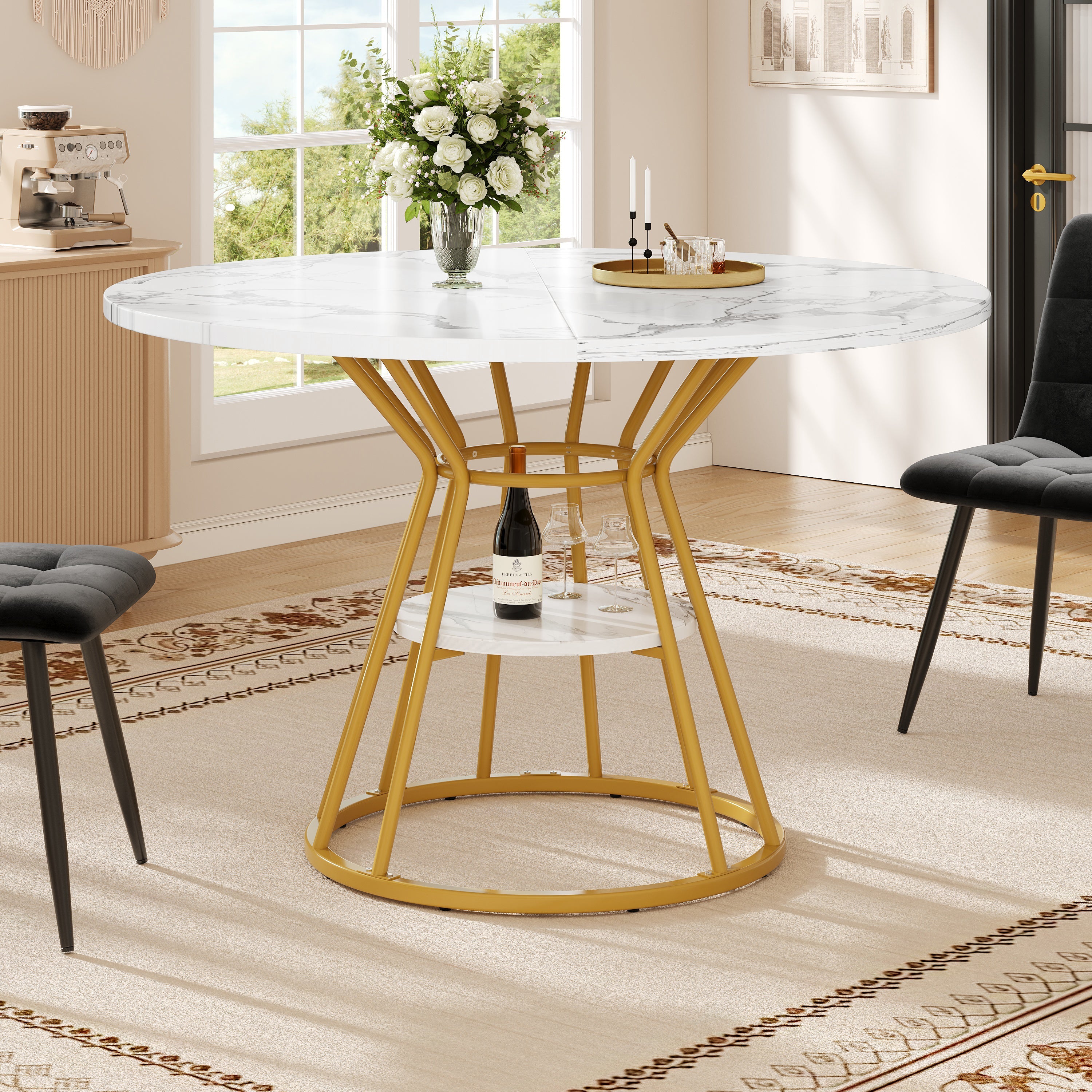 Logidon ronde eettafel 100 cm marmerpatroon gouden metalen poten
