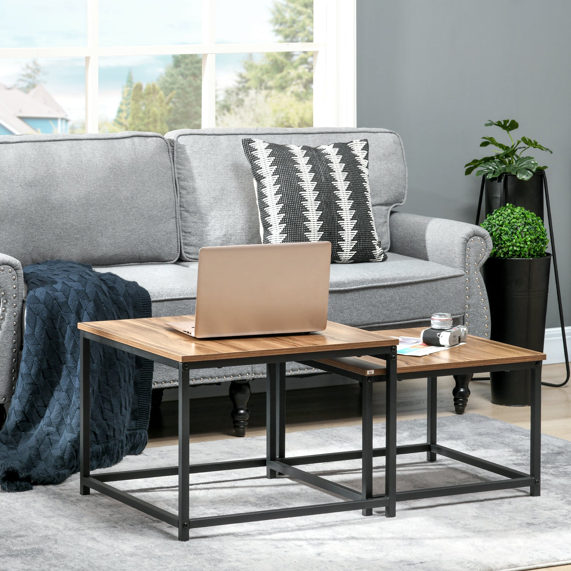 Logidon set van 2 bijzettafels naturel houtlook staal industrieel design