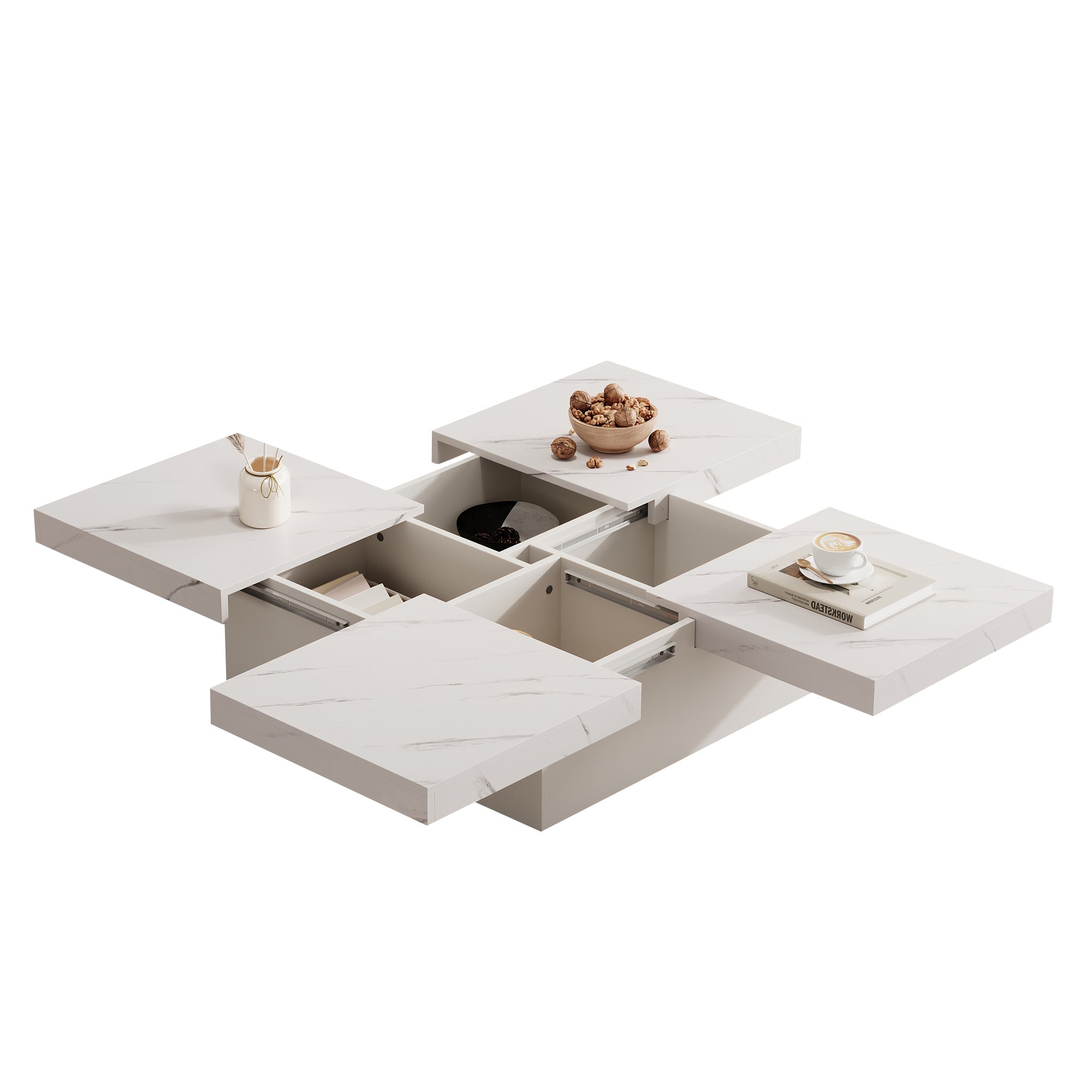 Logidon vierkante salontafel wit marmerlook 90x90x25 cm met lades
