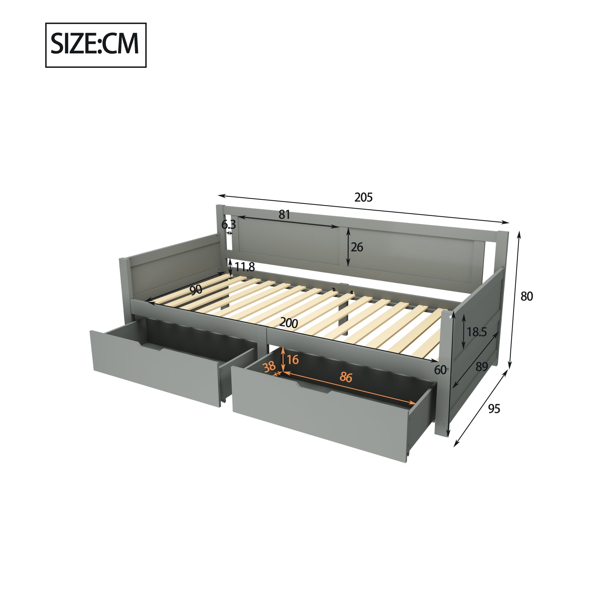 Logidon slaapbank 90x200 grijs met twee opbergvakken massief houten frame