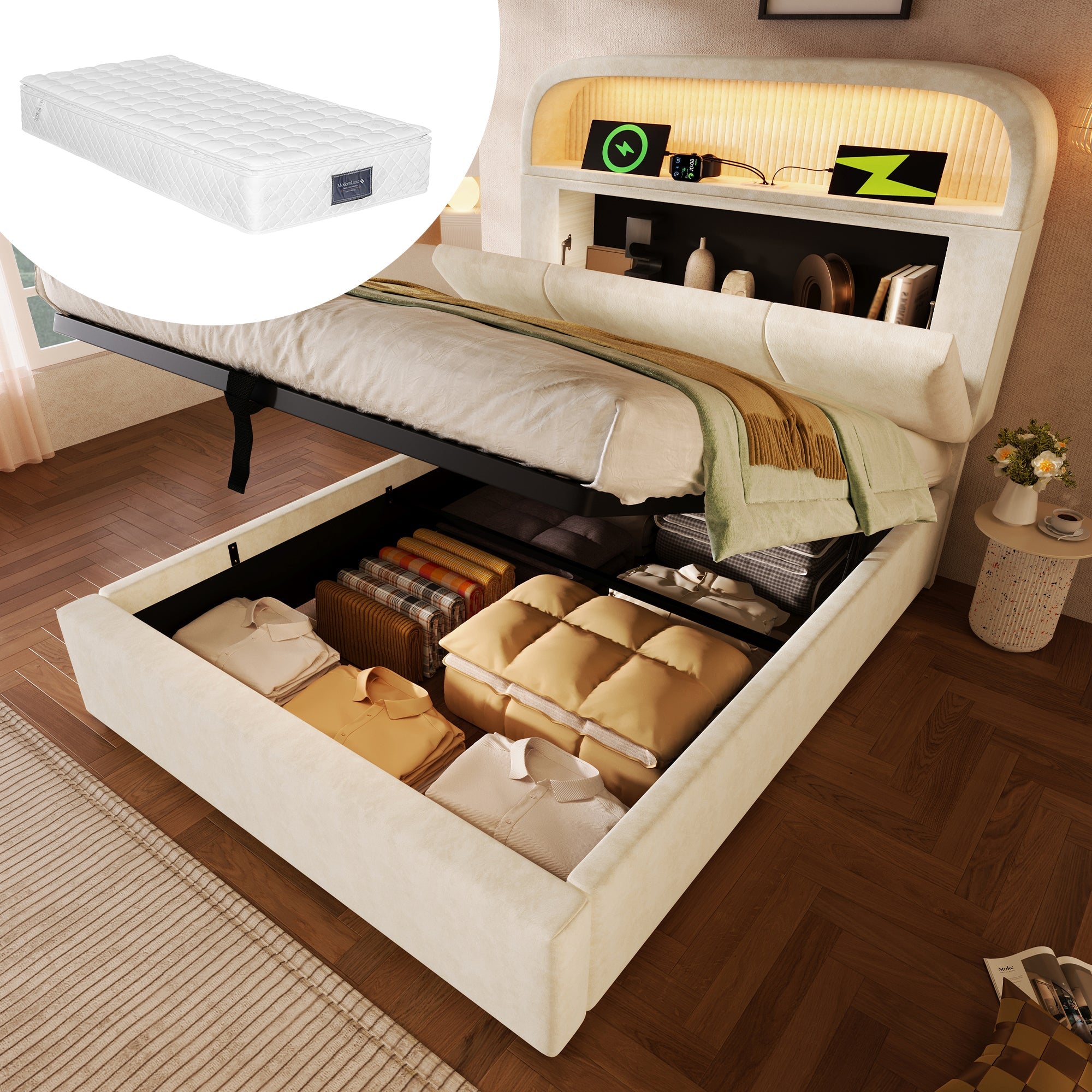 Logidon gestoffeerd bed 90x200 cm beige fluweel met opbergruimte hoofdbord, LED