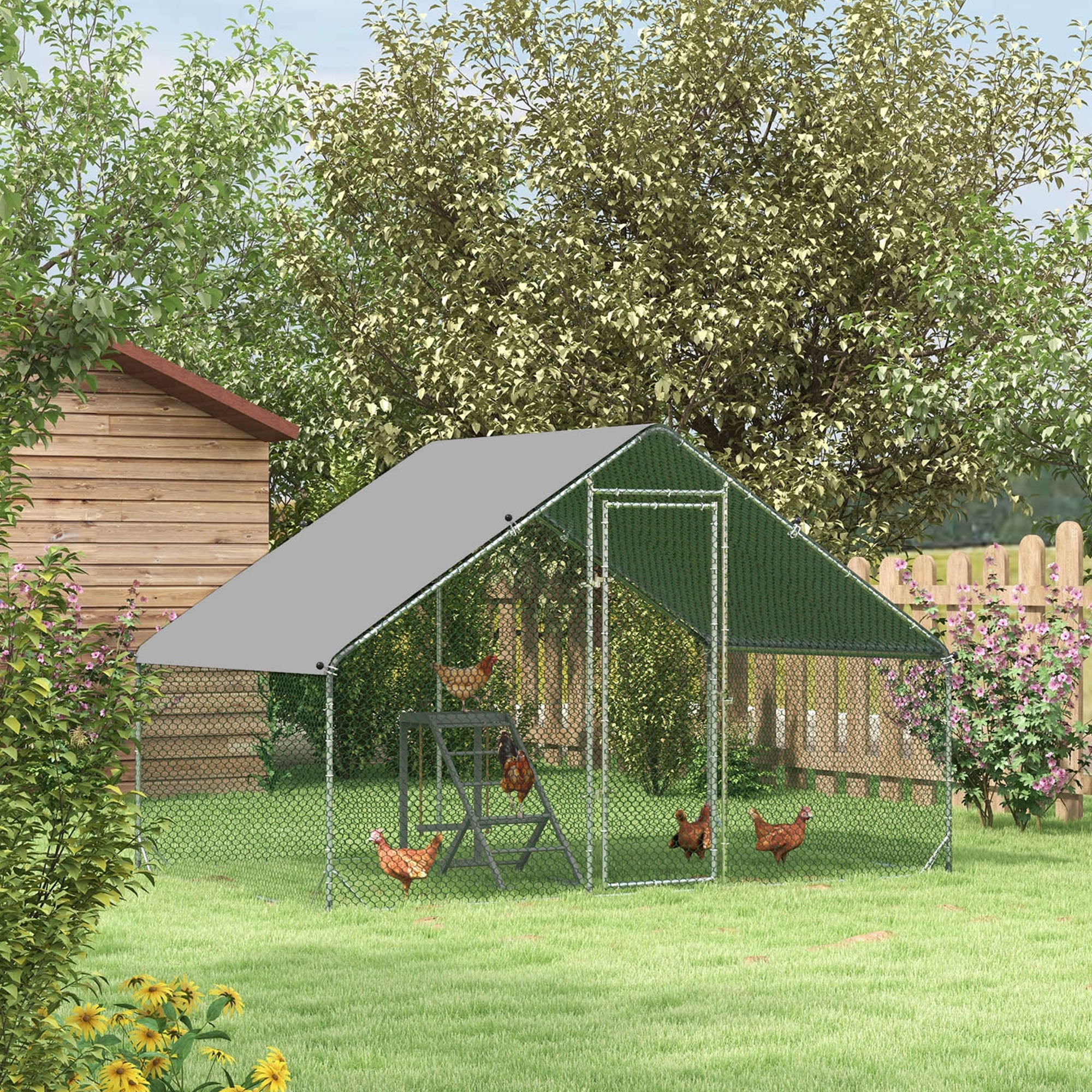 Logidon kippenhok buitenverblijf staal 300 x 200 x 200 cm zilveren deksel