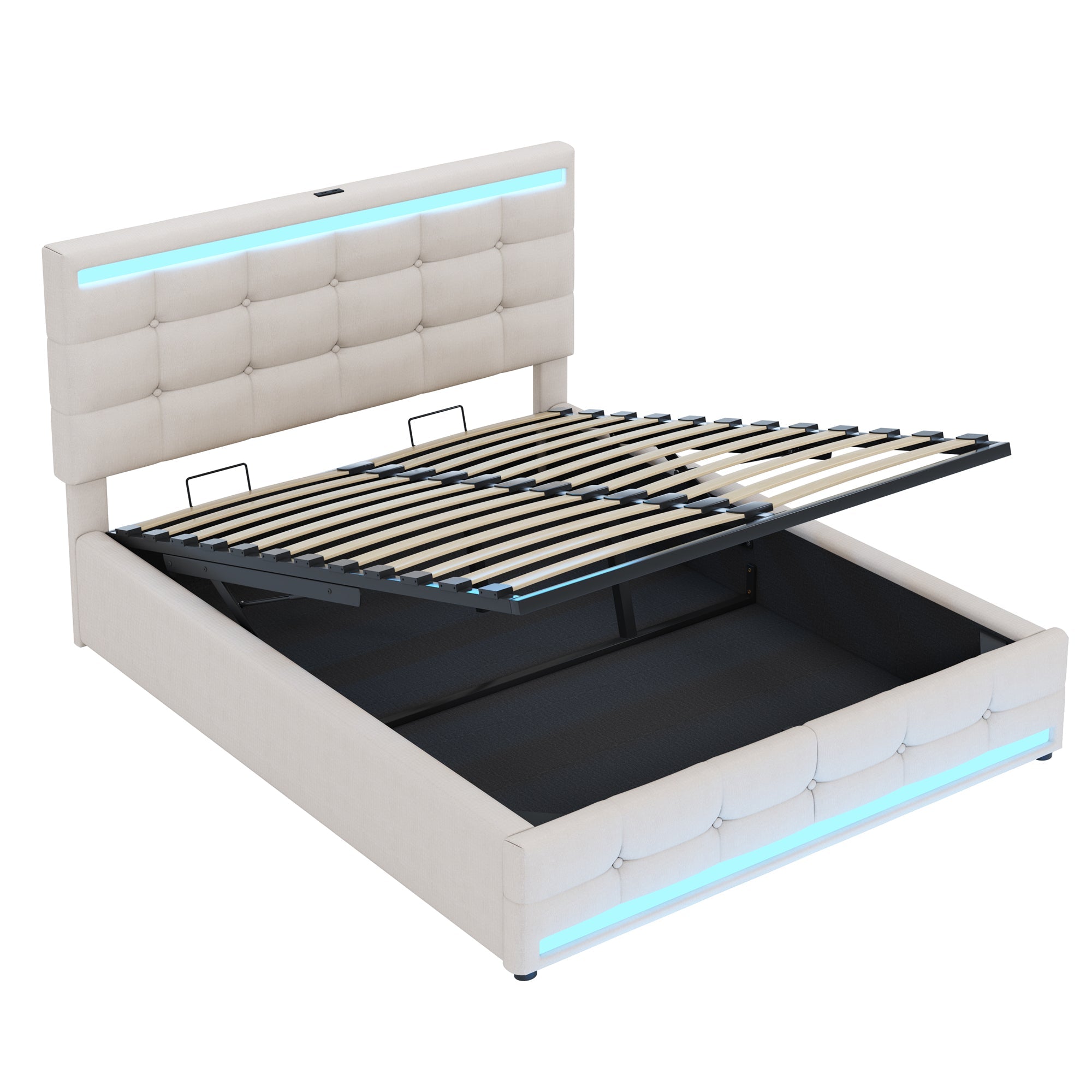 Logidon gestoffeerd bed 140x200 beige met LED verlichting en opbergruimte