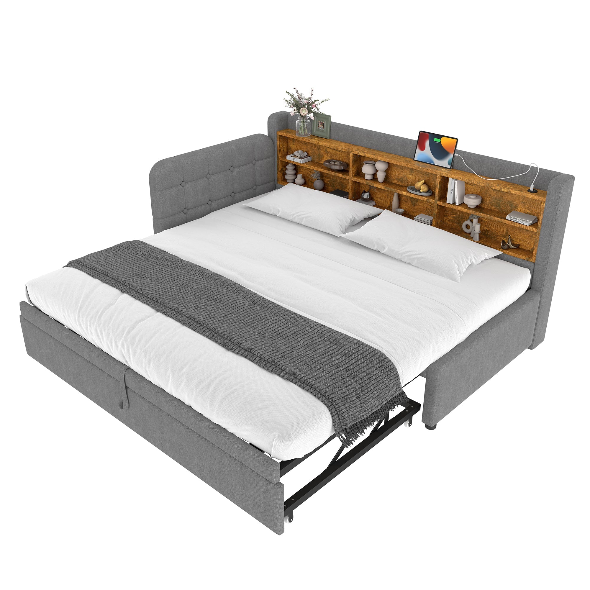 Logidon Daybed 90x200cm grijs linnen uitschuifbare slaapbank USB Type C