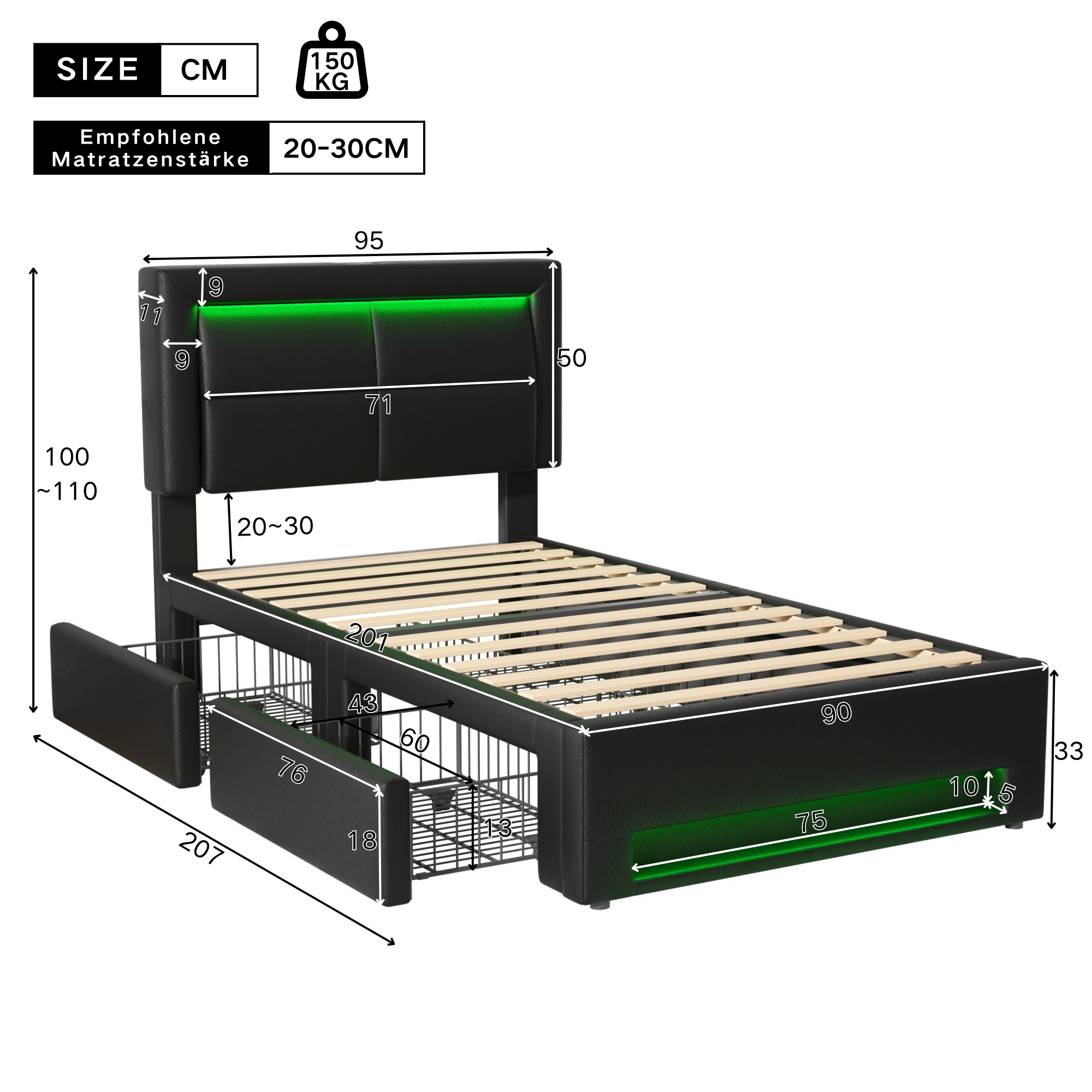 Logidon gestoffeerd bed 90x200 cm met USB aansluiting LED vier lades zwart