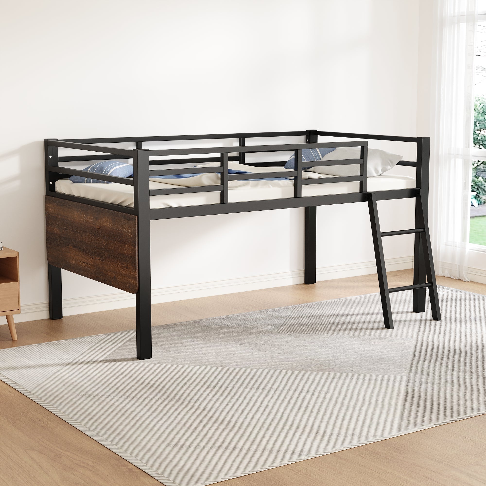 Logidon hoogslaper 90x200 zwart met bureau en LED-lichtstrip