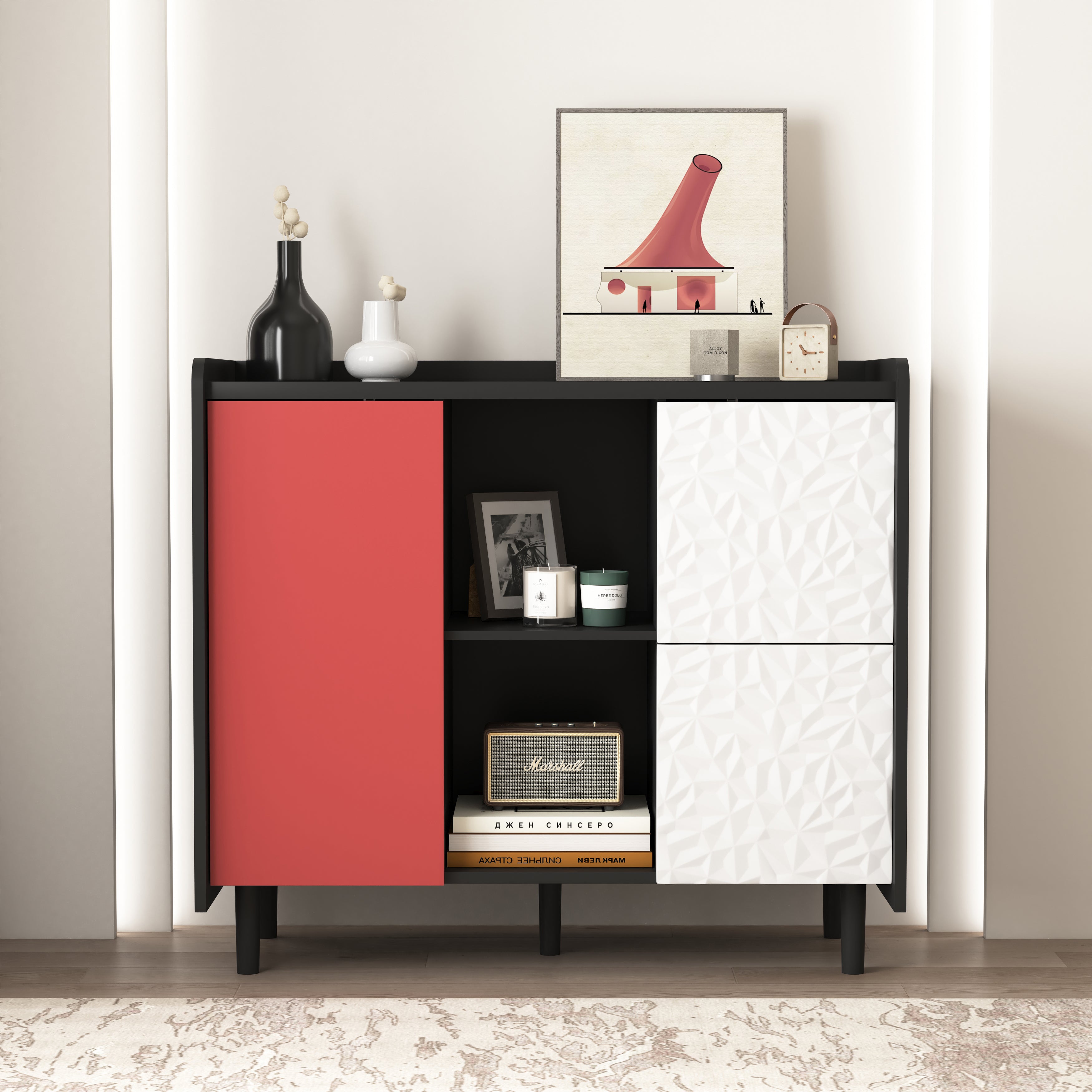 Logidon Dressoir Zwart Met Rode Deuren 2 Lades 90x40x80 cm