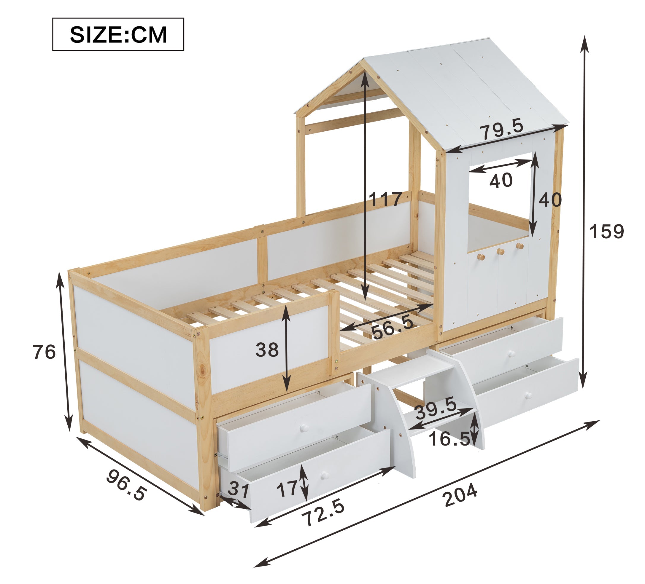 Logidon halfhoog huisbed 90x200 wit naturel met dak