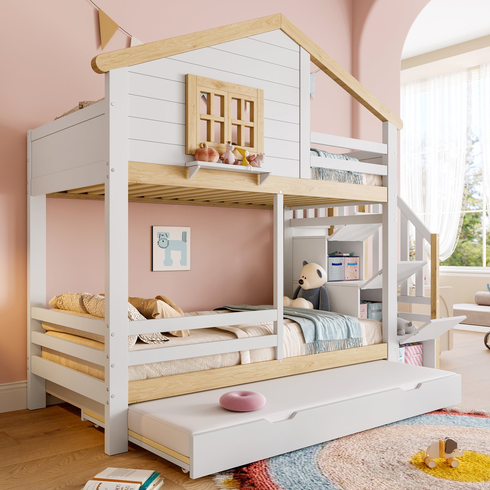 Logidon stapelbed 90x200 cm wit naturel uitschuifbed