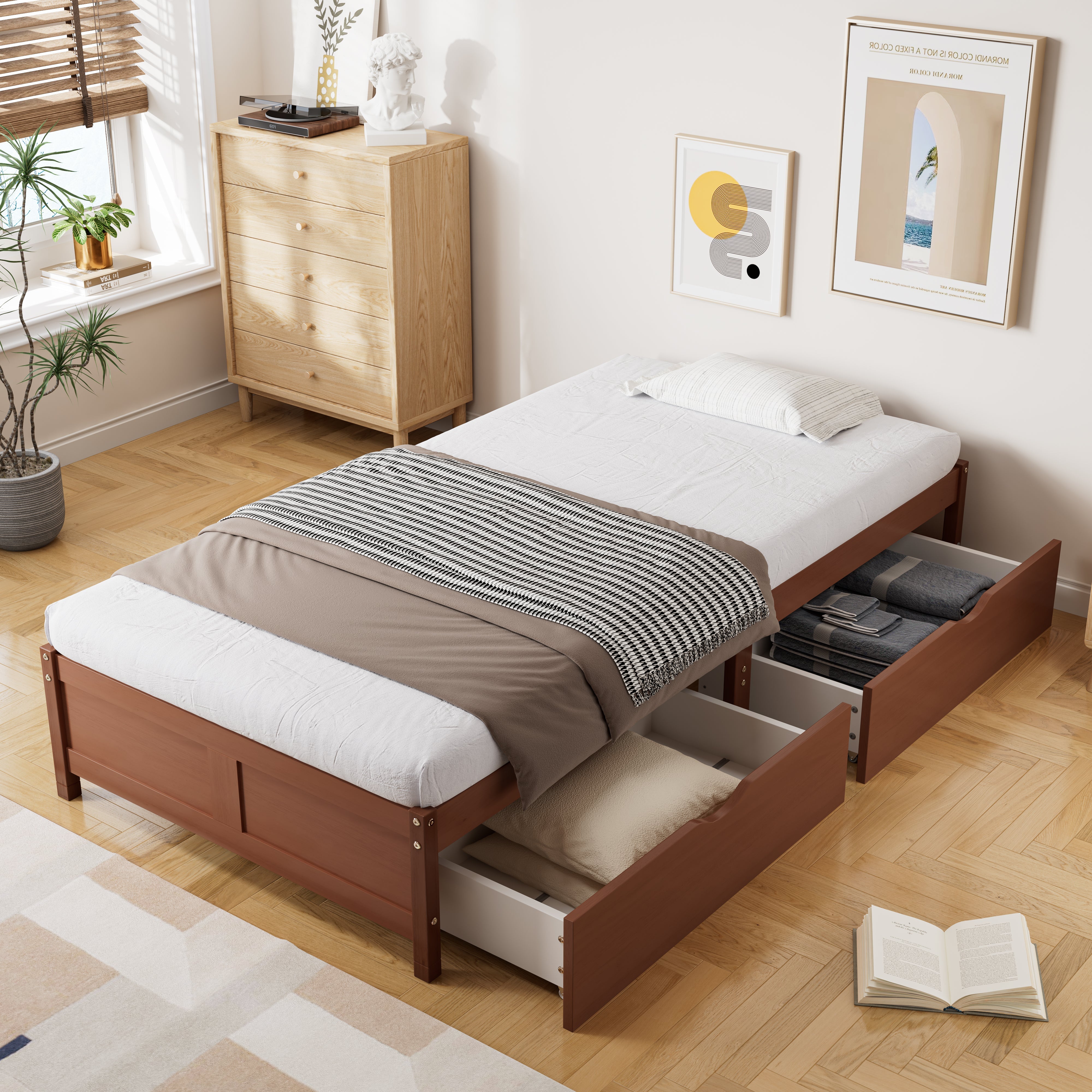 Logidon kinderbed 90x200 roodbruin houten bed met 2 lades en wielen