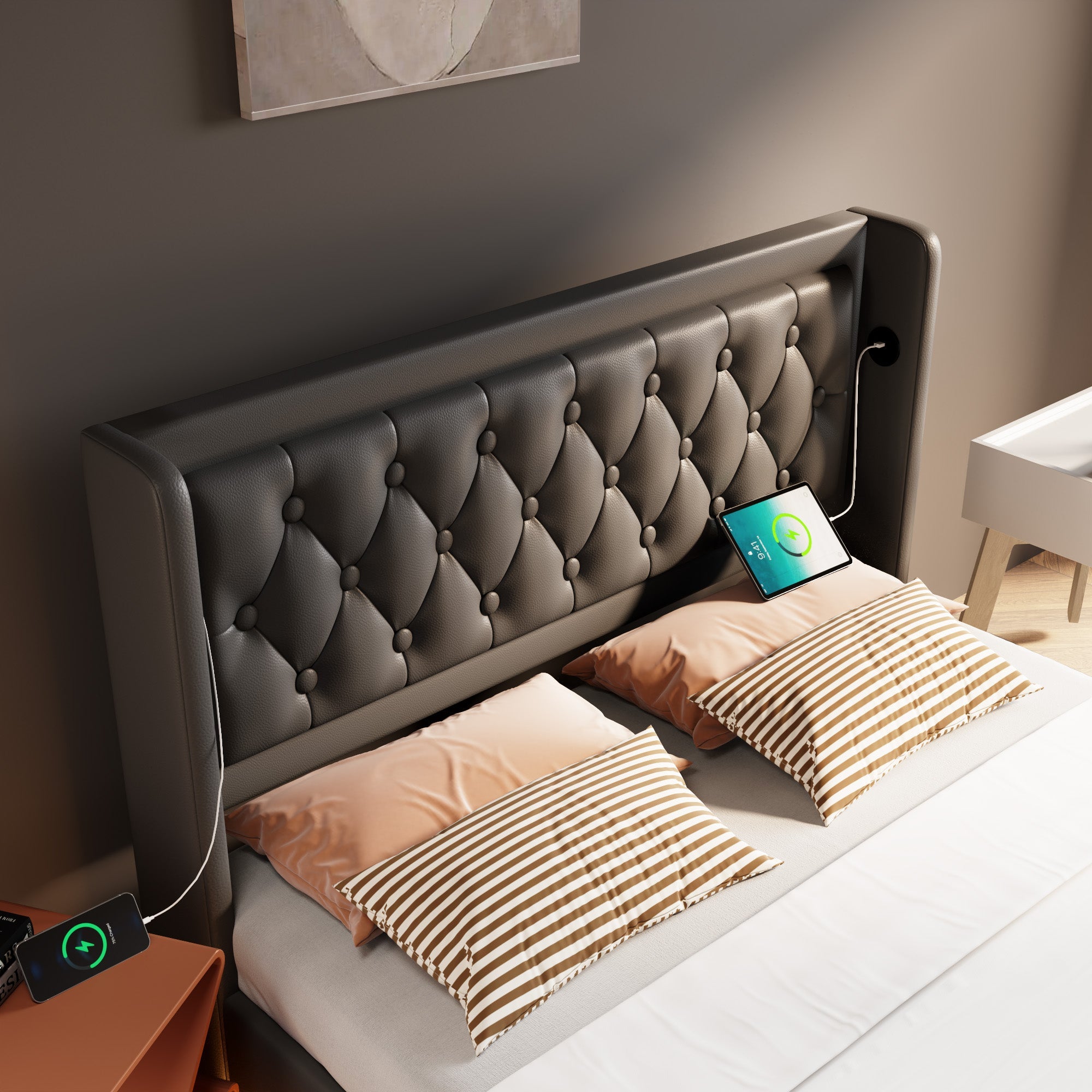 Logidon gestoffeerd bed 140x200 cm zwart PU met opbergruimte USB-C LED