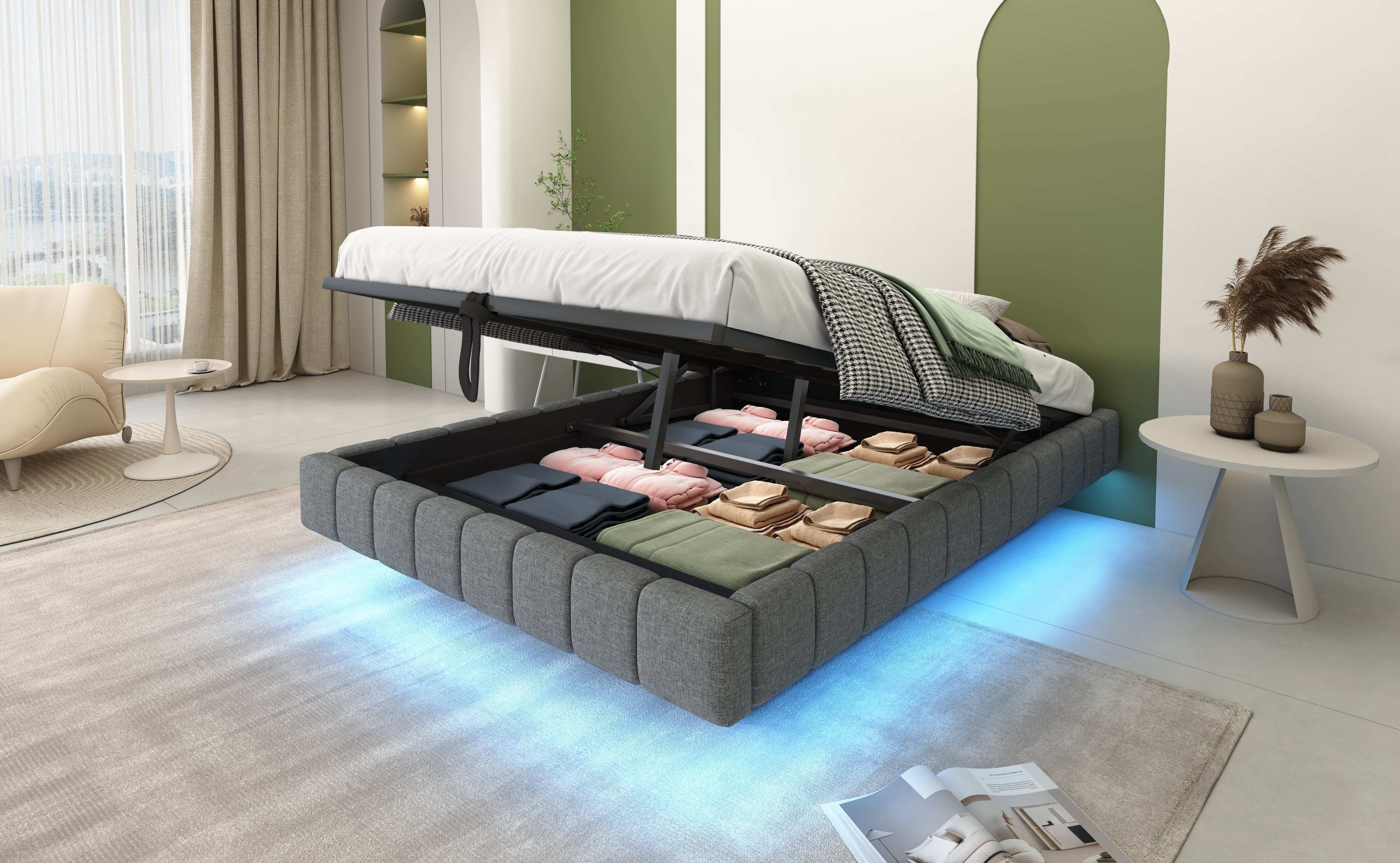 Logidon gestoffeerd bed 140x200 cm met opbergruimte LED licht linnengrijs