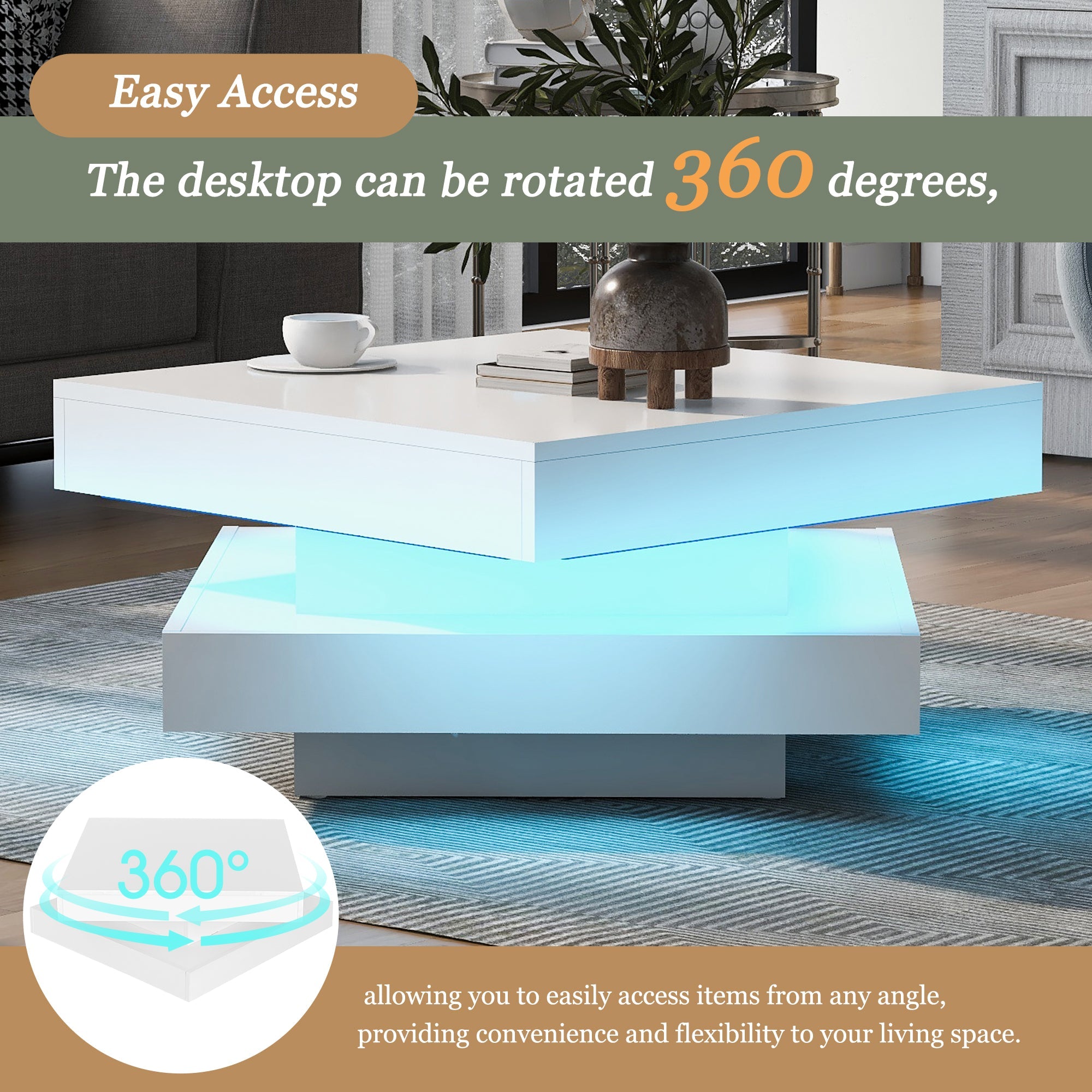 Logidon witte hoogglans salontafel 70x70x36 cm met draaiplaat en 16-kleuren LED