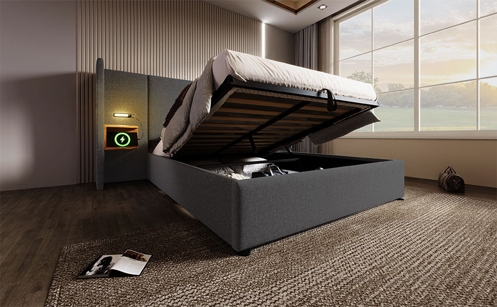 Logidon gestoffeerd bed 160x200 met USB C oplaadfunctie grijs linnen