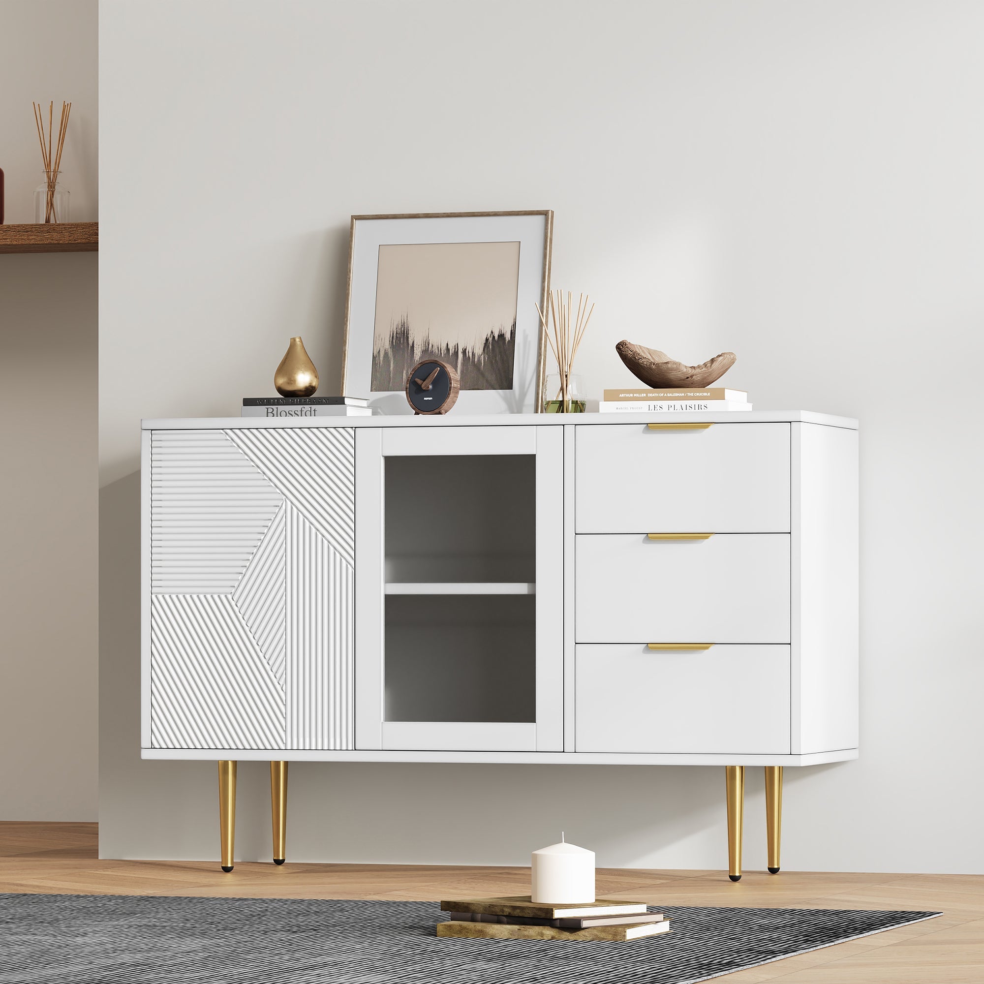 Logidon ladekast wit met 3 lades en 2 glazen deuren 120x38x79,5 cm