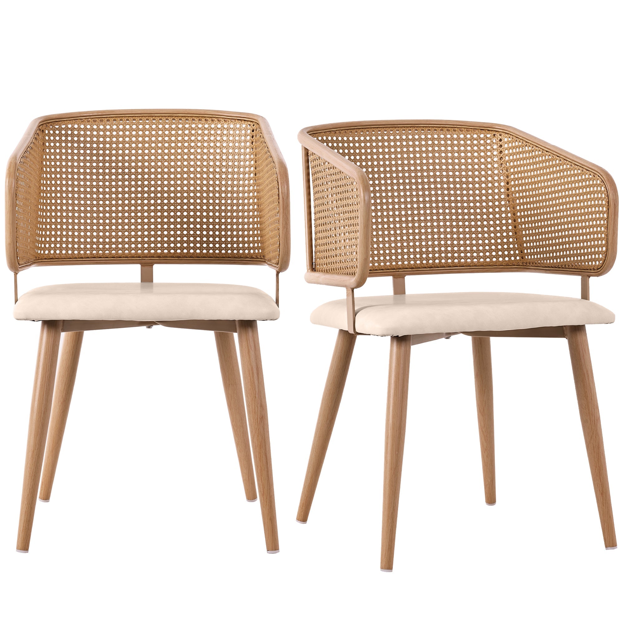 Logidon eetkamerstoelen met rotan rugleuning en PU lederen kussens beige
