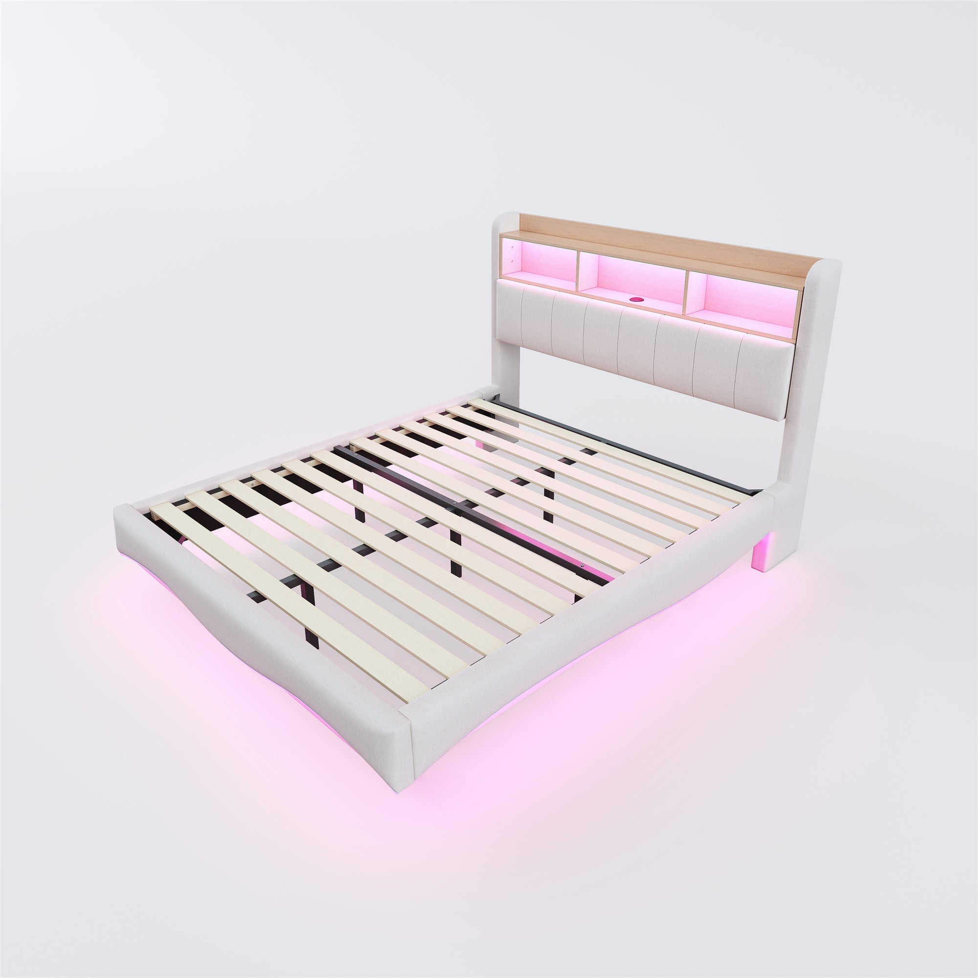 Logidon gestoffeerd bed 140x200 beige met LED-licht USB type C opbergruimte